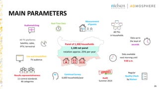 26
MAIN PARAMETERS
Panel of 1,300 households
1,100 net panel
rotation approx. 25% per year
Audit
Summer 2014
Audiomatching
All TV platforms
Satellite, cable,
IPTV, terrestrial
Live and timeshifted
TV audience
Results representativeness
11 control standards
46 categories
Continual Survey
6,600 households/year
Data up to
the level of
seconds
Regular
Quality Check
by Nielsen
All TVs
in households
Data available
next morning until
9:00 a.m.
Real Time Data
Measurement
of guests
 
