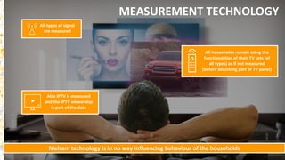 28
MEASUREMENT TECHNOLOGYAll types of signal
are measured
Also IPTV is measured
and the IPTV viewership
is part of the data
All households remain using the
functionalities of their TV sets (of
all types) as if not measured
(before becoming part of TV panel)
Nielsen’ technology is in no way influencing behaviour of the households
MEASUREMENT TECHNOLOGY
 