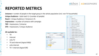 47
REPORTED METRICS
Universe = number of people in the target group in the whole population (incl. non-TV households)
Unique Audience = total reach 1+ (number of people)
Reach = Unique Audience / Universe in %
Impressions = number of contacts with campaign
TRP = Impressions / Universe
OTS = Impressions / Unique Audience
All available for:
• TV
• internet
• only TV
• TV and internet (logical AND)
• only internet
• TV + internet (logical OR)
 