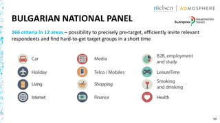 50
BULGARIAN NATIONAL PANEL
166 criteria in 12 areas – possibility to precisely pre-target, efficiently invite relevant
respondents and find hard-to-get target groups in a short time
 