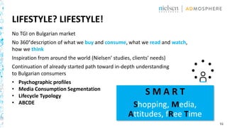 51
LIFESTYLE? LIFESTYLE!
No TGI on Bulgarian market
No 360°description of what we buy and consume, what we read and watch,
how we think
Inspiration from around the world (Nielsen‘ studies, clients‘ needs)
Continuation of already started path toward in-depth understanding
to Bulgarian consumers
• Psychographic profiles
• Media Consumption Segmentation
• Lifecycle Typology
• ABCDE
S M A R T
Shopping, Media,
Attitudes, fRee Time
 