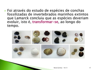  Foi através do estudo de espécies de conchas
fossilizadas de invertebrados marinhos extintos
que Lamarck concluiu que as espécies deveriam
evoluir, isto é, transformar-se, ao longo do
tempo.
17Nuno Correia - 10/11
 