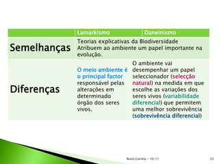 53Nuno Correia - 10/11
Lamarkismo Darwinismo
Semelhanças
Teorias explicativas da Biodiversidade
Atribuem ao ambiente um papel importante na
evolução.
Diferenças
O meio ambiente é
o principal factor
responsável pelas
alterações em
determinado
órgão dos seres
vivos.
O ambiente vai
desempenhar um papel
seleccionador (selecção
natural) na medida em que
escolhe as variações dos
seres vivos (variabilidade
diferencial) que permitem
uma melhor sobrevivência
(sobrevivência diferencial)
 
