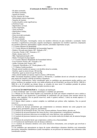 = 3020 =
(Continuação do Boletim Geral nº 231 de 23 Dez 2016)
- Pé aduto acentuado;
- Pé abduto acentuado;
- Sequela de trauma.
b) Face Anterior do Corpo
- Deformidade torácica importante;
- Sequelas de traumas;
- Lesões de globo ocular significativas.
c) Perfil do Corpo
- Hiperlordose cervical;
- Cifose importante;
- Tórax em barril;
- Hiperlordose lombar;
- Geno flexo;
- Geno recurvado acentuado;
- Pé plano espástico;
- Pé cavo acentuado.
1.16 Outras Restrições: Acromegalia; varizes de membros inferiores de grau moderado e acentuado; lesões
vasculares a significativas ectoscopia; sequelas neurológicas; amputações nos membros superiores; amputações
nos membros inferiores; deformidade e rigidez articular; calosidades importantes em pés.
1.17 Limites Mínimos de Modalidade:
1.17.1 Limite Mínimo de Modalidade da Extremidade Superior:
- Ombros: Elevação para diante a 90°. Abdução a 90 °;
- Cotovelos: Flexão a 100°. Extensão a 15°;
- Punho: alcance total a 15°;
- Mão: Supinação/pronação a 90°;
- Dedos: Formação de pinça digital.
1.17.2 Limites Mínimos Modalidade da Extremidade Inferior:
- Coxo Femural: Flexão a 90°. Extensão a 10°;
- Joelho: Extensão total. Flexão a 90°;
- Tornozelo: Dorsiflexão a 10°. Flexão plantar a 10°;
1.17.3 Índices Cardiovasculares:
- Pressão arterial medida em repouso e em decúbito dorsal ou sentada;
- Sistólica: igual ou menor do que 140 mm Hg;
- Diastólica: igual ou menor do que 90 mm Hg;
- Pulso arterial medido em repouso: Igual ou menor a 100 bat/min;
OBS: Encontrada frequência cardíaca superior a 100 bat/min, o candidato deverá ser colocado em repouso por
pelo menos dez minutos e aferida novamente a frequência.
1.17.4 Índices Audiométricos: Serão considerados aptos os candidatos que apresentarem perdas auditivas sem
prótese otofônica em qualquer ouvido, com média aritmética de até 40 decibéis, nas faixas de 500 Hz, 1000 Hz e
2000 Hz e de 45 decibéis nas demais faixas, se oriundos do meio naval. O candidato portador de prótese
otofônica que atingir os parâmetros supracitados encontra-se apto.
2 AVALIAÇÃO ODONTOLÓGICA - Condições de Inabilitação
2.1 Será considerado “apto” no exame odontológico o candidato que apresentar:
2.1.1 Mínimo de 20 (vinte) dentes hígidos e/ou restaurados de modo que estejam compatíveis com a estética e
funcionabilidade e que proporcione a possibilidade de reabilitação dos que possam estar ausentes através de
prótese sobre implantes, fixa ou parcial removível; sendo 4 (quatro) molares, 2 (dois) na arcada superior e 2
(dois) na arcada inferior.
2.1.2 Bateria labial (canino a canino) completa ou reabilitada por prótese sobre implantes, fixa ou parcial
removível.
2.1.3 Presença de raízes residuais.
2.1.4 Ausência de doenças periodontais que comprometam as estruturas dentaria tais como gengivite (em
qualquer grau), periodontite, gengivose, periodontose.
2.1.5 Ausência de má formação da face, tais como, fissuras palatinas, fissuras labiais, glossites etc.
2.1.6 Ausência de má posicionamento dos ósseos da face, como prognatismo e retrognatismo mandibular.
2.1.7 Ausência de processos infecciosos na cavidade oral, como abscesso, cisto, granuloma etc.
2.1.8 Ausência de processos tumorais nos ossos da face e nos tecidos moles da cavidade oral, de natureza benigna
ou maligna.
2.1.9 Ausência de assimetria facial, que comprometa a estética e/ou a funcionalidade.
2.1.10 Ausência de manifestações orais de doenças sistêmicas.
2.1.11 Ausência de elementos dentários com caries detectáveis clinicamente, com cavitações que envolvam a
parte dentinária.
2.2 Os candidatos que apresentarem na época do exame odontológico elementos dentários com restaurações
provisórias, tratamentos endodônticos (canal) incompletos ou em processo de tratamento, estes elementos serão
considerados cariados.
 