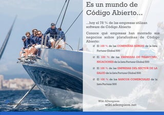 Es un mundo de
Código Abierto...
...hoy el 78 % de las empresas utilizan
software de Código Abierto
 El de las de la lista100 % COMPAÑÍAS AÉREAS
Fortune Global500
 El de las100 % EMPRESAS DE TELECOMU-
NICACIONESde lalistaFortune Global500
 El de las100 % EMPRESAS DEL SECTOR DE LA
SALUDde lalistaFortune Global500
 El de los de la100 % BANCOS COMERCIALES
listaFortune 500
Conoce qué empresas han montado sus
negocios sobre plataformas de Código
Abierto:
Wiki ADempiere:
wiki.adempiere.net
 