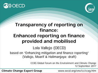 Climate Change Expert Group www.oecd.org/env/cc/ccxg.htm
Transparency of reporting on
finance:
Enhanced reporting on finance
provided and mobilised
Lola Vallejo (OECD)
based on “Enhancing mitigation and finance reporting”
(Vallejo, Moarif & Halimanjaya; draft)
CCXG Global Forum on the Environment and Climate Change
12 September 2017
 