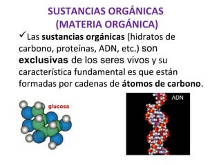 SUSTANCIAS ORGÁNICAS
(MATERIA ORGÁNICA)
Las sustancias orgánicas (hidratos de
carbono, proteínas, ADN, etc.) son
exclusivas de los seres vivos y su
característica fundamental es que están
formadas por cadenas de átomos de carbono.
glucosa
ADN
 