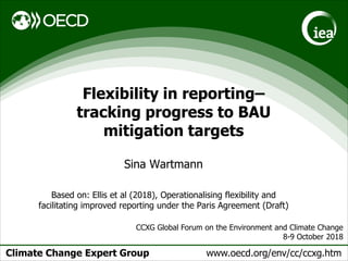 Climate Change Expert Group www.oecd.org/env/cc/ccxg.htm
Flexibility in reporting–
tracking progress to BAU
mitigation targets
Sina Wartmann
Based on: Ellis et al (2018), Operationalising flexibility and
facilitating improved reporting under the Paris Agreement (Draft)
CCXG Global Forum on the Environment and Climate Change
8-9 October 2018
 