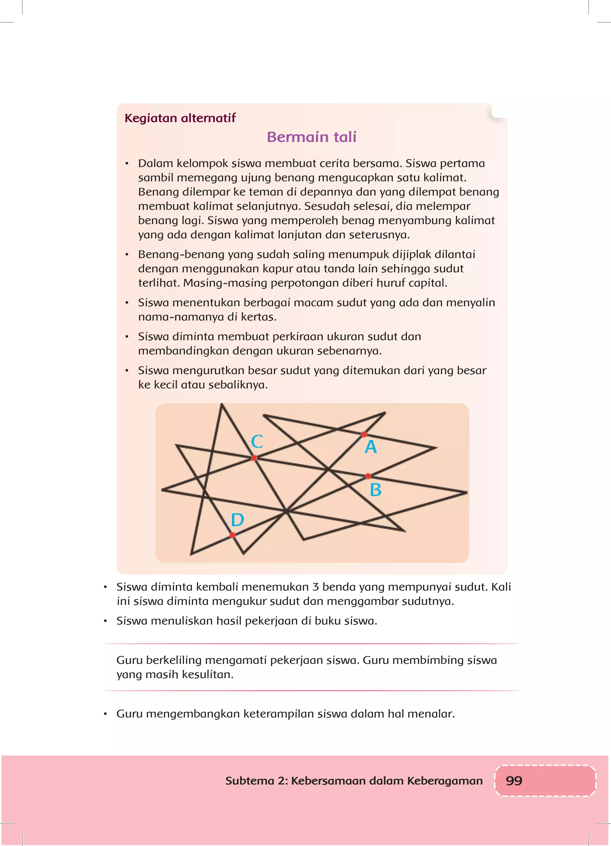 99Subtema 2: Kebersamaan dalam Keberagaman
Kegiatan alternatif
Bermain tali
•	 Dalam kelompok siswa membuat cerita bersama. Siswa pertama
sambil memegang ujung benang mengucapkan satu kalimat.
Benang dilempar ke teman di depannya dan yang dilempat benang
membuat kalimat selanjutnya. Sesudah selesai, dia melempar
benang lagi. Siswa yang memperoleh benag menyambung kalimat
yang ada dengan kalimat lanjutan dan seterusnya.
•	 Benang-benang yang sudah saling menumpuk dijiplak dilantai
dengan menggunakan kapur atau tanda lain sehingga sudut
terlihat. Masing-masing perpotongan diberi huruf capital.
•	 Siswa menentukan berbagai macam sudut yang ada dan menyalin
nama-namanya di kertas.
•	 Siswa diminta membuat perkiraan ukuran sudut dan
membandingkan dengan ukuran sebenarnya.
•	 Siswa mengurutkan besar sudut yang ditemukan dari yang besar
ke kecil atau sebaliknya.
•	 Siswa diminta kembali menemukan 3 benda yang mempunyai sudut. Kali
ini siswa diminta mengukur sudut dan menggambar sudutnya.
•	 Siswa menuliskan hasil pekerjaan di buku siswa.
Guru berkeliling mengamati pekerjaan siswa. Guru membimbing siswa
yang masih kesulitan.
•	 Guru mengembangkan keterampilan siswa dalam hal menalar.
 