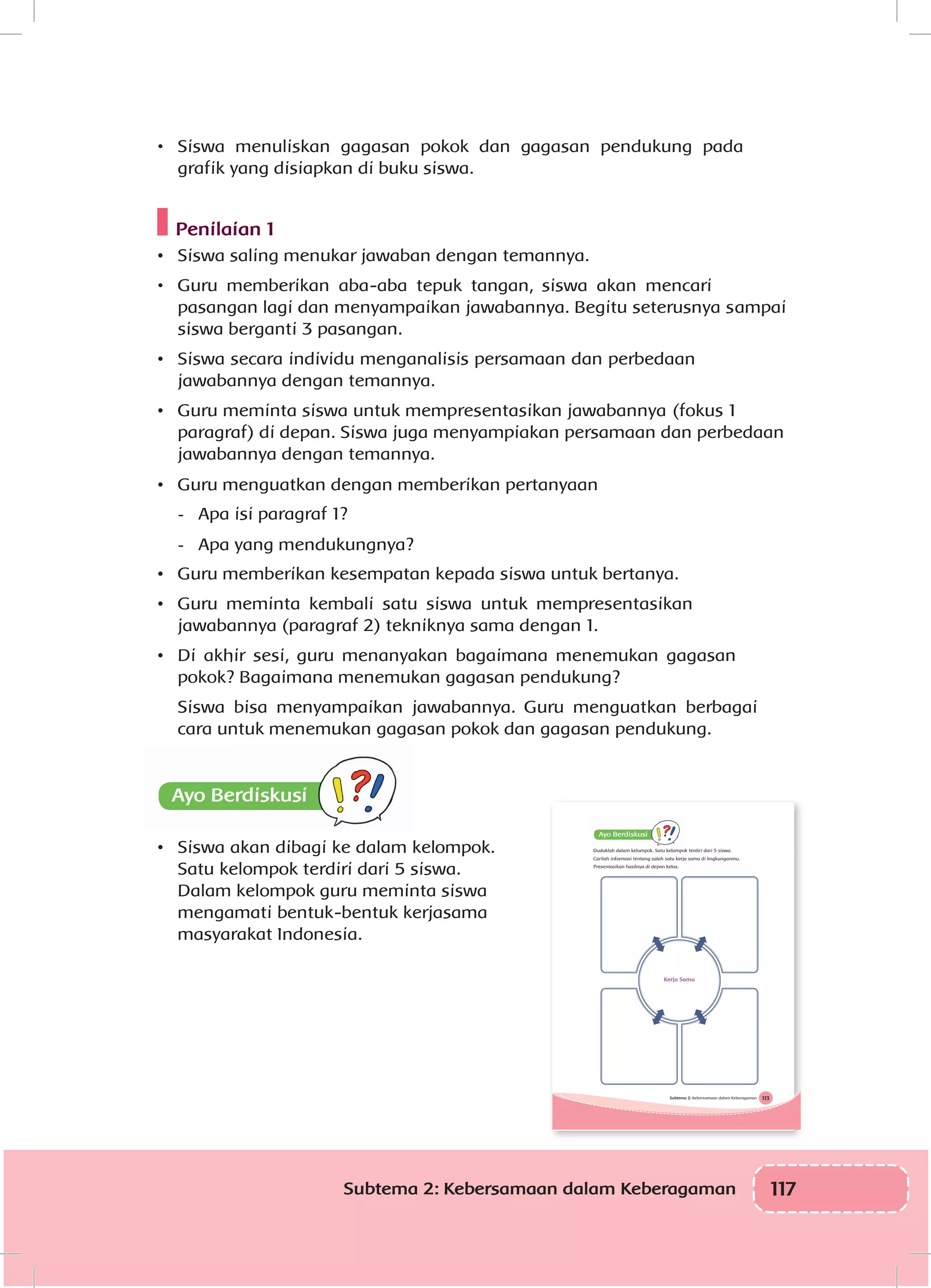 117Subtema 2: Kebersamaan dalam Keberagaman
•	 Siswa menuliskan gagasan pokok dan gagasan pendukung pada
grafik yang disiapkan di buku siswa.
Penilaian 1
•	 	Siswa saling menukar jawaban dengan temannya.
•	 Guru memberikan aba-aba tepuk tangan, siswa akan mencari
pasangan lagi dan menyampaikan jawabannya. Begitu seterusnya sampai
siswa berganti 3 pasangan.
•	 	Siswa secara individu menganalisis persamaan dan perbedaan
jawabannya dengan temannya.
•	 	Guru meminta siswa untuk mempresentasikan jawabannya (fokus 1
paragraf) di depan. Siswa juga menyampiakan persamaan dan perbedaan
jawabannya dengan temannya.
•	 	Guru menguatkan dengan memberikan pertanyaan
-	 	Apa isi paragraf 1?
-	 	Apa yang mendukungnya?
•	 	Guru memberikan kesempatan kepada siswa untuk bertanya.
•	 	Guru meminta kembali satu siswa untuk mempresentasikan
jawabannya (paragraf 2) tekniknya sama dengan 1.
•	 	Di akhir sesi, guru menanyakan bagaimana menemukan gagasan
pokok? Bagaimana menemukan gagasan pendukung?
Siswa bisa menyampaikan jawabannya. Guru menguatkan berbagai
cara untuk menemukan gagasan pokok dan gagasan pendukung.
•	 	Siswa akan dibagi ke dalam kelompok.
Satu kelompok terdiri dari 5 siswa.
Dalam kelompok guru meminta siswa
mengamati bentuk-bentuk kerjasama
masyarakat Indonesia.
113Subtema 2: Kebersamaan dalam Keberagaman
Duduklah dalam kelompok. Satu kelompok terdiri dari 5 siswa.
Carilah informasi tentang salah satu kerja sama di lingkunganmu.
Presentasikan hasilnya di depan kelas.
Kerja Sama
 
