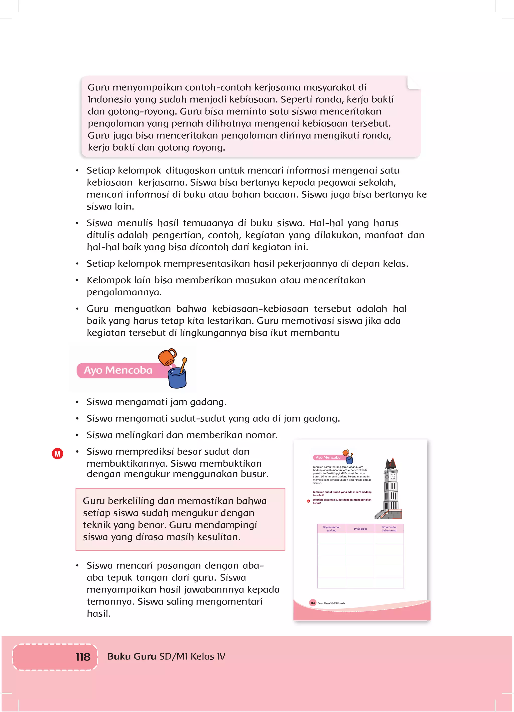118 Buku Guru SD/MI Kelas IV
Guru menyampaikan contoh-contoh kerjasama masyarakat di
Indonesia yang sudah menjadi kebiasaan. Seperti ronda, kerja bakti
dan gotong-royong. Guru bisa meminta satu siswa menceritakan
pengalaman yang pernah dilihatnya mengenai kebiasaan tersebut.
Guru juga bisa menceritakan pengalaman dirinya mengikuti ronda,
kerja bakti dan gotong royong.
•	 Setiap kelompok ditugaskan untuk mencari informasi mengenai satu
kebiasaan kerjasama. Siswa bisa bertanya kepada pegawai sekolah,
mencari informasi di buku atau bahan bacaan. Siswa juga bisa bertanya ke
siswa lain.
•	 Siswa menulis hasil temuaanya di buku siswa. Hal-hal yang harus
ditulis adalah pengertian, contoh, kegiatan yang dilakukan, manfaat dan
hal-hal baik yang bisa dicontoh dari kegiatan ini.
•	 Setiap kelompok mempresentasikan hasil pekerjaannya di depan kelas.
•	 Kelompok lain bisa memberikan masukan atau menceritakan
pengalamannya.
•	 Guru menguatkan bahwa kebiasaan-kebiasaan tersebut adalah hal
baik yang harus tetap kita lestarikan. Guru memotivasi siswa jika ada
kegiatan tersebut di lingkungannya bisa ikut membantu
•	 	Siswa mengamati jam gadang.
•	 	Siswa mengamati sudut-sudut yang ada di jam gadang.
•	 	Siswa melingkari dan memberikan nomor.
•	 	Siswa memprediksi besar sudut dan
membuktikannya. Siswa membuktikan
dengan mengukur menggunakan busur.
Guru berkeliling dan memastikan bahwa
setiap siswa sudah mengukur dengan
teknik yang benar. Guru mendampingi
siswa yang dirasa masih kesulitan.
•	 Siswa mencari pasangan dengan aba-
aba tepuk tangan dari guru. Siswa
menyampaikan hasil jawabannnya kepada
temannya. Siswa saling mengomentari
hasil.
M
Buku Siswa SD/MI Kelas IV114
Tahukah kamu tentang Jam Gadang. Jam
Gadang adalah menara jam yang terletak di
pusat kota Bukittinggi, di Provinsi Sumatra
Barat. Dinamai Jam Gadang karena menara ini
memiliki jam dengan ukuran besar pada empat
sisinya.
Temukan sudut-sudut yang ada di Jam Gadang
tersebut!
Ukurlah besarnya sudut dengan menggunakan
busur!
Bagian rumah
gadang
Prediksiku
Besar Sudut
Sebenarnya
M
 