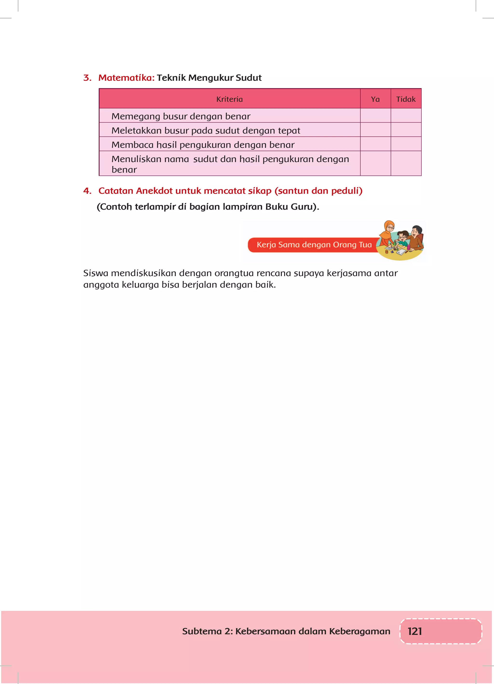 121Subtema 2: Kebersamaan dalam Keberagaman
3.	 Matematika: Teknik Mengukur Sudut
Kriteria Ya Tidak
Memegang busur dengan benar
Meletakkan busur pada sudut dengan tepat
Membaca hasil pengukuran dengan benar
Menuliskan nama sudut dan hasil pengukuran dengan
benar
4.	 Catatan Anekdot untuk mencatat sikap (santun dan peduli)
(Contoh terlampir di bagian lampiran Buku Guru).
a
Siswa mendiskusikan dengan orangtua rencana supaya kerjasama antar
anggota keluarga bisa berjalan dengan baik.
 