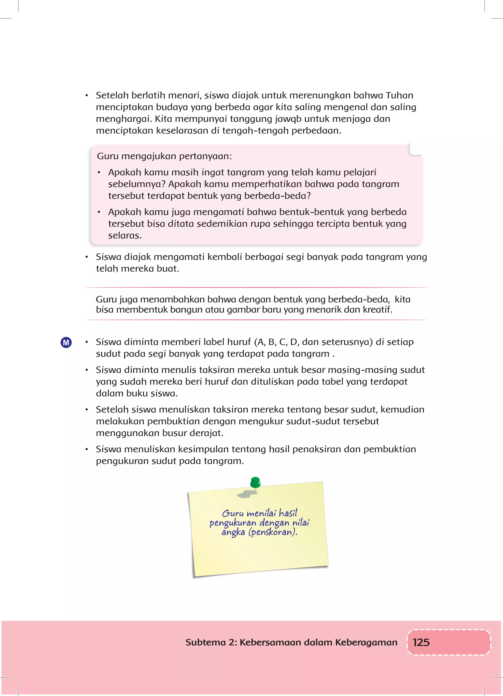 125Subtema 2: Kebersamaan dalam Keberagaman
•	 Setelah berlatih menari, siswa diajak untuk merenungkan bahwa Tuhan
menciptakan budaya yang berbeda agar kita saling mengenal dan saling
menghargai. Kita mempunyai tanggung jawqb untuk menjaga dan
menciptakan keselarasan di tengah-tengah perbedaan.
Guru mengajukan pertanyaan:
•	 Apakah kamu masih ingat tangram yang telah kamu pelajari
sebelumnya? Apakah kamu memperhatikan bahwa pada tangram
tersebut terdapat bentuk yang berbeda-beda?
•	 Apakah kamu juga mengamati bahwa bentuk-bentuk yang berbeda
tersebut bisa ditata sedemikian rupa sehingga tercipta bentuk yang
selaras.
•	 Siswa diajak mengamati kembali berbagai segi banyak pada tangram yang
telah mereka buat.
Guru juga menambahkan bahwa dengan bentuk yang berbeda-beda, kita
bisa membentuk bangun atau gambar baru yang menarik dan kreatif.
•	 	Siswa diminta memberi label huruf (A, B, C, D, dan seterusnya) di setiap
sudut pada segi banyak yang terdapat pada tangram .
•	 	Siswa diminta menulis taksiran mereka untuk besar masing-masing sudut
yang sudah mereka beri huruf dan dituliskan pada tabel yang terdapat
dalam buku siswa.
•	 	Setelah siswa menuliskan taksiran mereka tentang besar sudut, kemudian
melakukan pembuktian dengan mengukur sudut-sudut tersebut
menggunakan busur derajat.
•	 	Siswa menuliskan kesimpulan tentang hasil penaksiran dan pembuktian
pengukuran sudut pada tangram.
Guru menilai hasil
pengukuran dengan nilai
angka (penskoran).
M
 