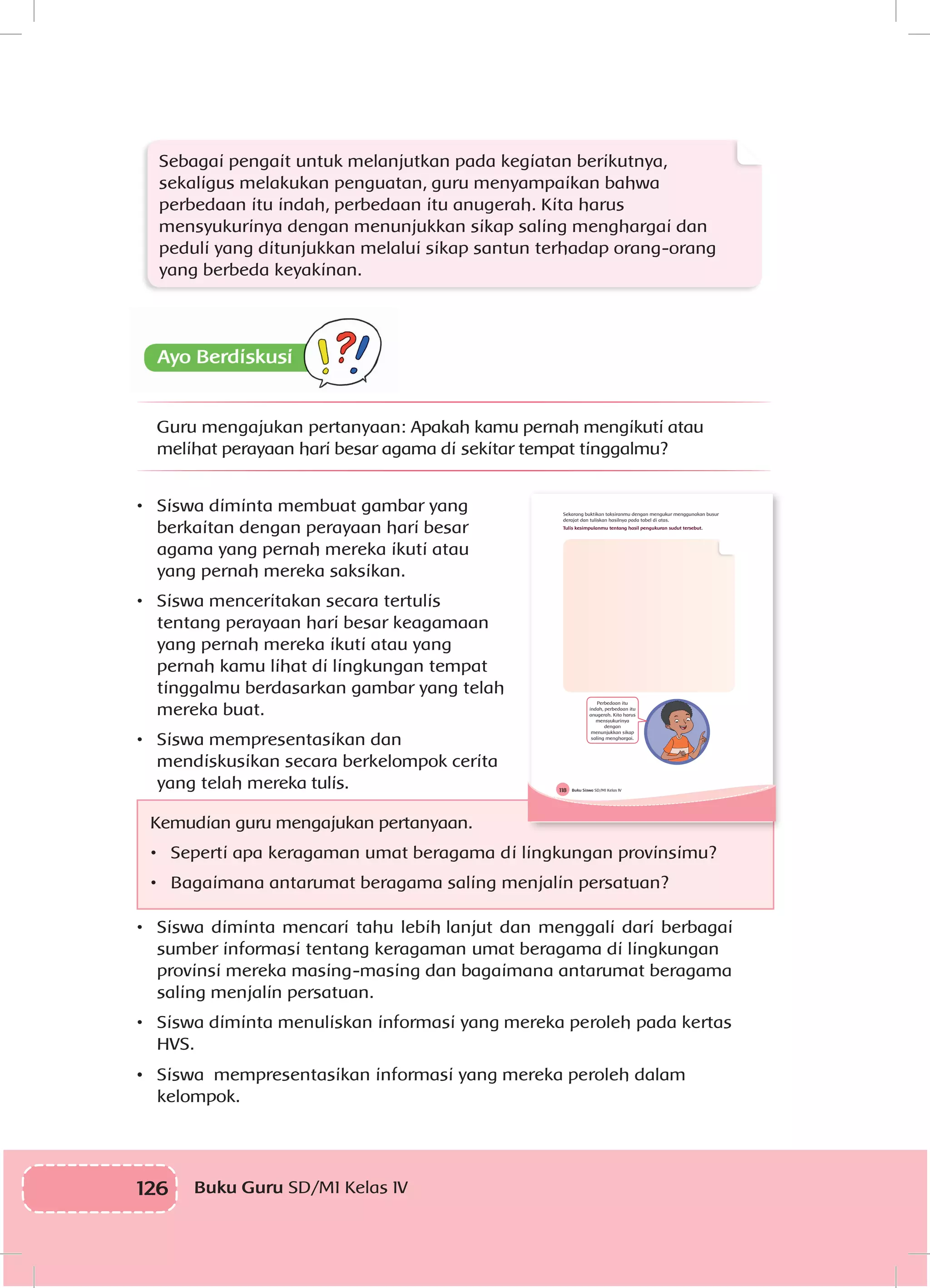 126 Buku Guru SD/MI Kelas IV
Sebagai pengait untuk melanjutkan pada kegiatan berikutnya,
sekaligus melakukan penguatan, guru menyampaikan bahwa
perbedaan itu indah, perbedaan itu anugerah. Kita harus
mensyukurinya dengan menunjukkan sikap saling menghargai dan
peduli yang ditunjukkan melalui sikap santun terhadap orang-orang
yang berbeda keyakinan.
Guru mengajukan pertanyaan: Apakah kamu pernah mengikuti atau
melihat perayaan hari besar agama di sekitar tempat tinggalmu?
•	 Siswa diminta membuat gambar yang
berkaitan dengan perayaan hari besar
agama yang pernah mereka ikuti atau
yang pernah mereka saksikan.
•	 	Siswa menceritakan secara tertulis
tentang perayaan hari besar keagamaan
yang pernah mereka ikuti atau yang
pernah kamu lihat di lingkungan tempat
tinggalmu berdasarkan gambar yang telah
mereka buat.
•	 	Siswa mempresentasikan dan
mendiskusikan secara berkelompok cerita
yang telah mereka tulis.
Kemudian guru mengajukan pertanyaan.
•	 Seperti apa keragaman umat beragama di lingkungan provinsimu?
•	 Bagaimana antarumat beragama saling menjalin persatuan?
•	 Siswa diminta mencari tahu lebih lanjut dan menggali dari berbagai
sumber informasi tentang keragaman umat beragama di lingkungan
provinsi mereka masing-masing dan bagaimana antarumat beragama
saling menjalin persatuan.
•	 Siswa diminta menuliskan informasi yang mereka peroleh pada kertas
HVS.
•	 	Siswa mempresentasikan informasi yang mereka peroleh dalam
kelompok.
Buku Siswa SD/MI Kelas IV118
Sekarang buktikan taksiranmu dengan mengukur menggunakan busur
derajat dan tuliskan hasilnya pada tabel di atas.
Tulis kesimpulanmu tentang hasil pengukuran sudut tersebut.
Perbedaan itu
indah, perbedaan itu
anugerah. Kita harus
mensyukurinya
dengan
menunjukkan sikap
saling menghargai.
 