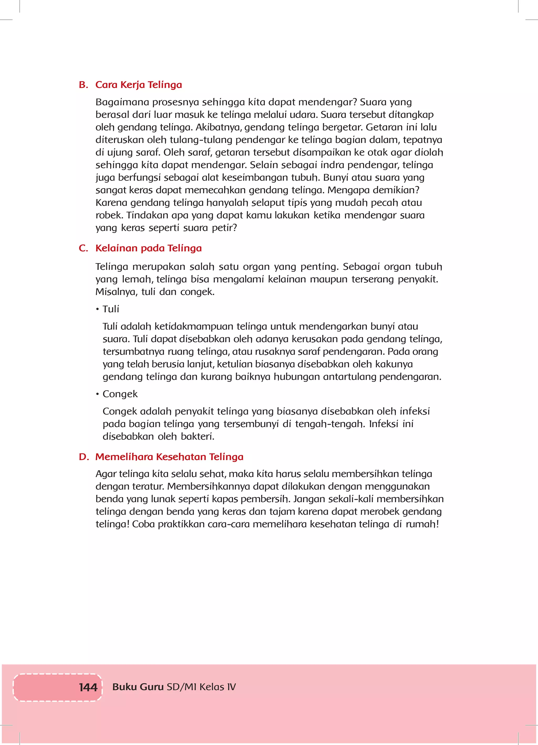 144 Buku Guru SD/MI Kelas IV
B.	 Cara Kerja Telinga
Bagaimana prosesnya sehingga kita dapat mendengar? Suara yang
berasal dari luar masuk ke telinga melalui udara. Suara tersebut ditangkap
oleh gendang telinga. Akibatnya, gendang telinga bergetar. Getaran ini lalu
diteruskan oleh tulang-tulang pendengar ke telinga bagian dalam, tepatnya
di ujung saraf. Oleh saraf, getaran tersebut disampaikan ke otak agar diolah
sehingga kita dapat mendengar. Selain sebagai indra pendengar, telinga
juga berfungsi sebagai alat keseimbangan tubuh. Bunyi atau suara yang
sangat keras dapat memecahkan gendang telinga. Mengapa demikian?
Karena gendang telinga hanyalah selaput tipis yang mudah pecah atau
robek. Tindakan apa yang dapat kamu lakukan ketika mendengar suara
yang keras seperti suara petir?
C.	 Kelainan pada Telinga
Telinga merupakan salah satu organ yang penting. Sebagai organ tubuh
yang lemah, telinga bisa mengalami kelainan maupun terserang penyakit.
Misalnya, tuli dan congek.
•	Tuli
Tuli adalah ketidakmampuan telinga untuk mendengarkan bunyi atau
suara. Tuli dapat disebabkan oleh adanya kerusakan pada gendang telinga,
tersumbatnya ruang telinga, atau rusaknya saraf pendengaran. Pada orang
yang telah berusia lanjut, ketulian biasanya disebabkan oleh kakunya
gendang telinga dan kurang baiknya hubungan antartulang pendengaran.
•	Congek
Congek adalah penyakit telinga yang biasanya disebabkan oleh infeksi
pada bagian telinga yang tersembunyi di tengah-tengah. Infeksi ini
disebabkan oleh bakteri.
D.	 Memelihara Kesehatan Telinga
Agar telinga kita selalu sehat, maka kita harus selalu membersihkan telinga
dengan teratur. Membersihkannya dapat dilakukan dengan menggunakan
benda yang lunak seperti kapas pembersih. Jangan sekali-kali membersihkan
telinga dengan benda yang keras dan tajam karena dapat merobek gendang
telinga! Coba praktikkan cara-cara memelihara kesehatan telinga di rumah!
 