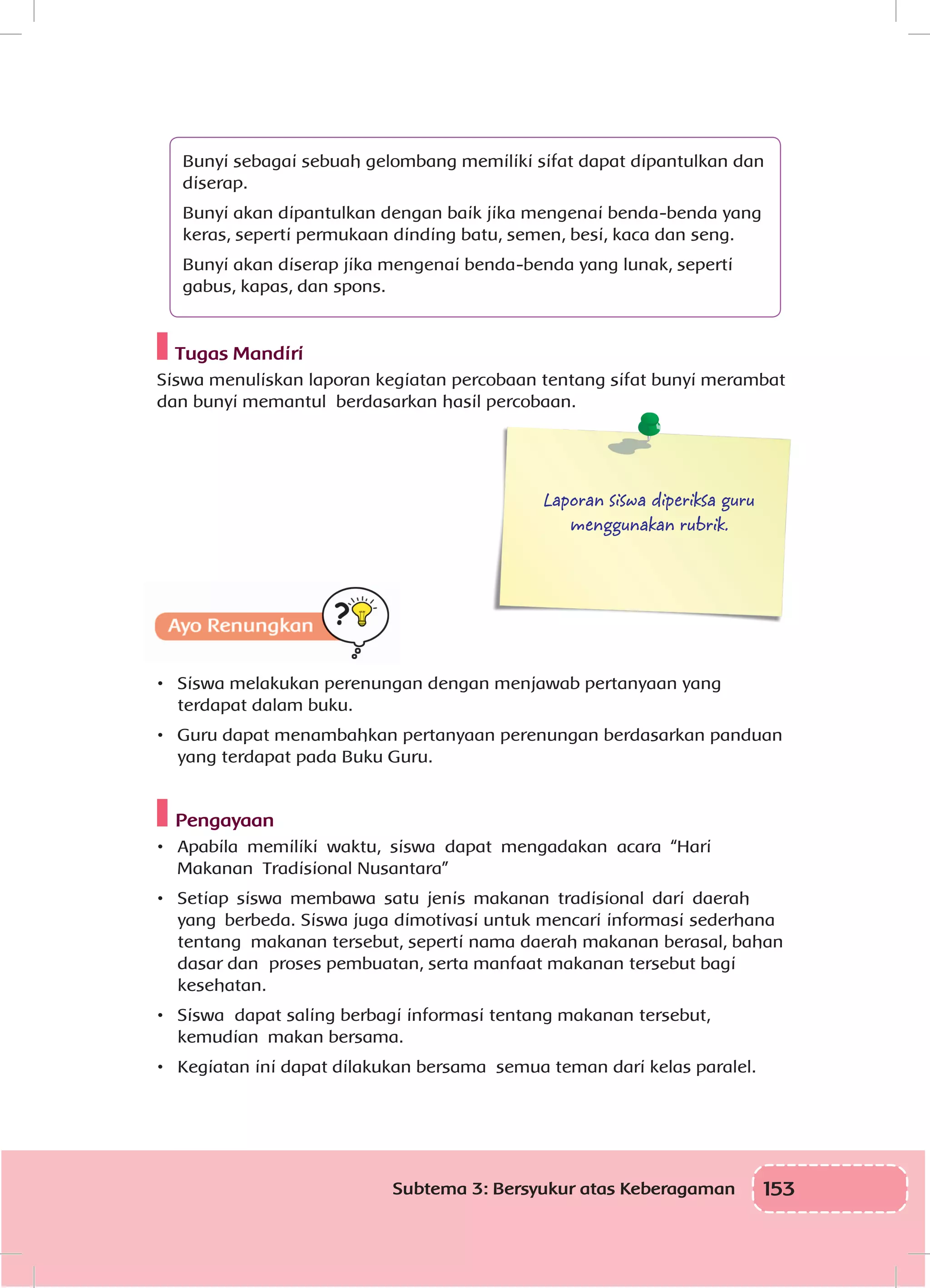 153Subtema 3: Bersyukur atas Keberagaman
Bunyi sebagai sebuah gelombang memiliki sifat dapat dipantulkan dan
diserap.
Bunyi akan dipantulkan dengan baik jika mengenai benda-benda yang
keras, seperti permukaan dinding batu, semen, besi, kaca dan seng.
Bunyi akan diserap jika mengenai benda-benda yang lunak, seperti
gabus, kapas, dan spons.
Tugas Mandiri
Siswa menuliskan laporan kegiatan percobaan tentang sifat bunyi merambat
dan bunyi memantul berdasarkan hasil percobaan.
Laporan siswa diperiksa guru
menggunakan rubrik.
•	 Siswa melakukan perenungan dengan menjawab pertanyaan yang
terdapat dalam buku.
•	 Guru dapat menambahkan pertanyaan perenungan berdasarkan panduan
yang terdapat pada Buku Guru.
Pengayaan
•	 Apabila memiliki waktu, siswa dapat mengadakan acara “Hari
Makanan Tradisional Nusantara”
•	 Setiap siswa membawa satu jenis makanan tradisional dari daerah
yang berbeda. Siswa juga dimotivasi untuk mencari informasi sederhana
tentang makanan tersebut, seperti nama daerah makanan berasal, bahan
dasar dan proses pembuatan, serta manfaat makanan tersebut bagi
kesehatan.
•	 Siswa dapat saling berbagi informasi tentang makanan tersebut,
kemudian makan bersama.
•	 Kegiatan ini dapat dilakukan bersama semua teman dari kelas paralel.
 