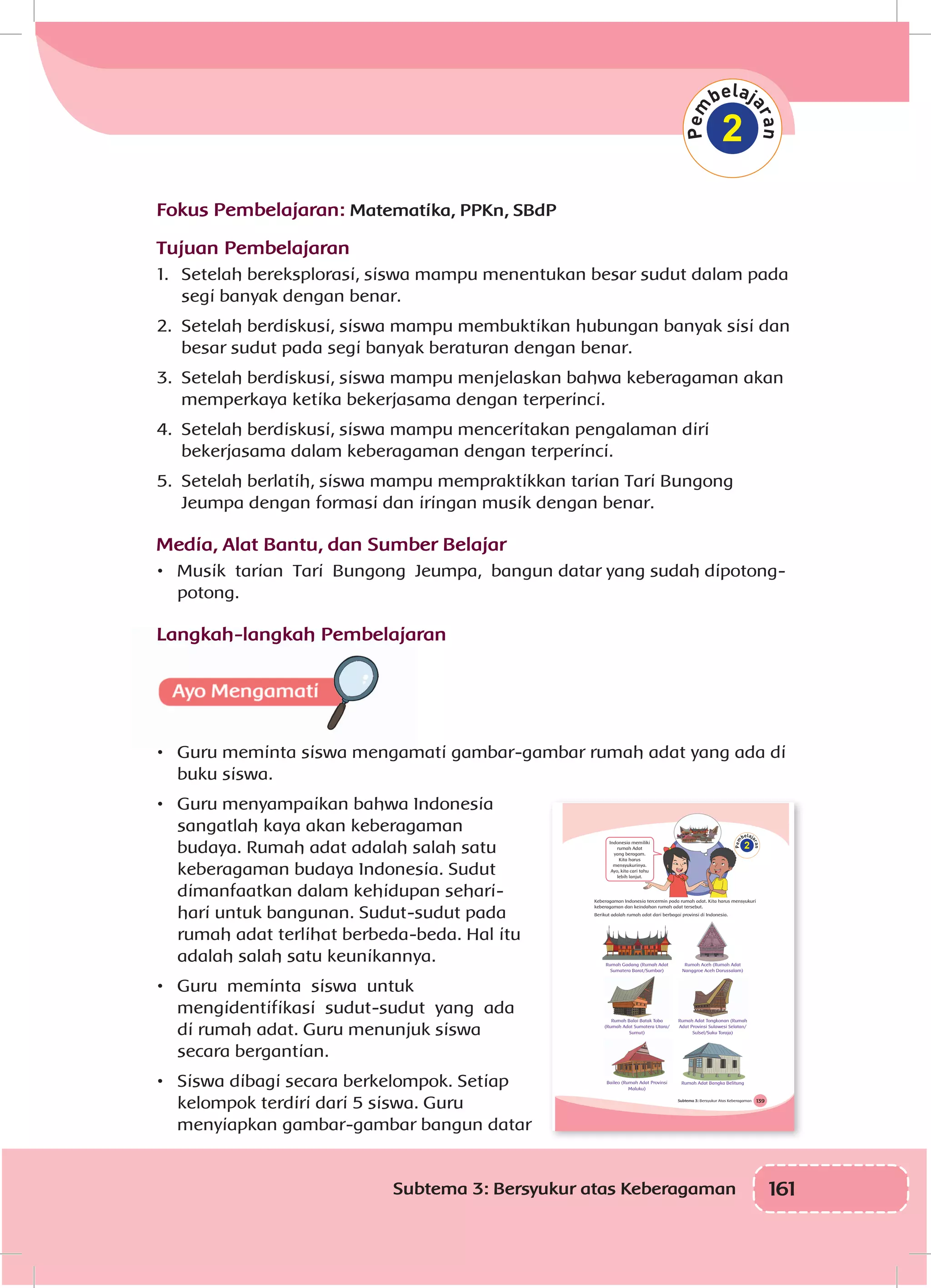 161Subtema 3: Bersyukur atas Keberagaman
2
Fokus Pembelajaran: Matematika, PPKn, SBdP
Tujuan Pembelajaran
1.	 Setelah bereksplorasi, siswa mampu menentukan besar sudut dalam pada
segi banyak dengan benar.
2.	 Setelah berdiskusi, siswa mampu membuktikan hubungan banyak sisi dan
besar sudut pada segi banyak beraturan dengan benar.
3.	 Setelah berdiskusi, siswa mampu menjelaskan bahwa keberagaman akan
memperkaya ketika bekerjasama dengan terperinci.
4.	 Setelah berdiskusi, siswa mampu menceritakan pengalaman diri
bekerjasama dalam keberagaman dengan terperinci.
5.	 Setelah berlatih, siswa mampu mempraktikkan tarian Tari Bungong
Jeumpa dengan formasi dan iringan musik dengan benar.
Media, Alat Bantu, dan Sumber Belajar
•	 Musik tarian Tari Bungong Jeumpa, bangun datar yang sudah dipotong-
potong.
Langkah-langkah Pembelajaran
•	 Guru meminta siswa mengamati gambar-gambar rumah adat yang ada di
buku siswa.
•	 Guru menyampaikan bahwa Indonesia
sangatlah kaya akan keberagaman
budaya. Rumah adat adalah salah satu
keberagaman budaya Indonesia. Sudut
dimanfaatkan dalam kehidupan sehari-
hari untuk bangunan. Sudut-sudut pada
rumah adat terlihat berbeda-beda. Hal itu
adalah salah satu keunikannya.
•	 Guru meminta siswa untuk
mengidentifikasi sudut-sudut yang ada
di rumah adat. Guru menunjuk siswa
secara bergantian.
•	 Siswa dibagi secara berkelompok. Setiap
kelompok terdiri dari 5 siswa. Guru
menyiapkan gambar-gambar bangun datar
139Subtema 3: Bersyukur Atas Keberagaman
2Indonesia memiliki
rumah Adat
yang beragam.
Kita harus
mensyukurinya.
Ayo, kita cari tahu
lebih lanjut.
Keberagaman Indonesia tercermin pada rumah adat. Kita harus mensyukuri
keberagaman dan keindahan rumah adat tersebut.
Berikut adalah rumah adat dari berbagai provinsi di Indonesia.
Rumah Gadang (Rumah Adat
Sumatera Barat/Sumbar)
Rumoh Aceh (Rumah Adat
Nanggroe Aceh Darussalam)
Rumah Balai Batak Toba
(Rumah Adat Sumatera Utara/
Sumut)
Rumah Adat Tongkonan (Rumah
Adat Provinsi Sulawesi Selatan/
Sulsel/Suku Toraja)
Baileo (Rumah Adat Provinsi
Maluku)
Rumah Adat Bangka Belitung
 