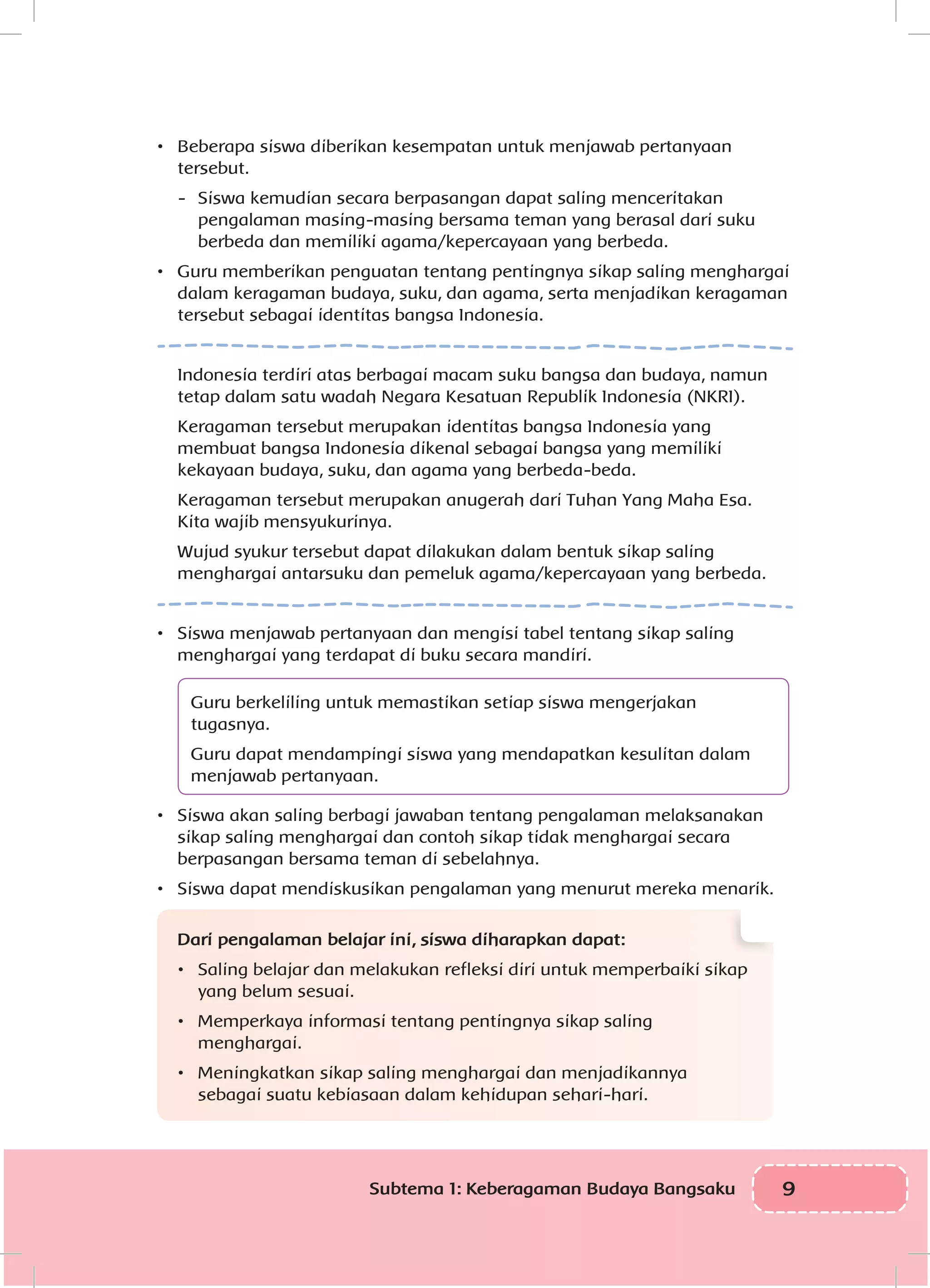 9Subtema 1: Keberagaman Budaya Bangsaku
•	 Beberapa siswa diberikan kesempatan untuk menjawab pertanyaan
tersebut.
-	 Siswa kemudian secara berpasangan dapat saling menceritakan
pengalaman masing-masing bersama teman yang berasal dari suku
berbeda dan memiliki agama/kepercayaan yang berbeda.
•	 Guru memberikan penguatan tentang pentingnya sikap saling menghargai
dalam keragaman budaya, suku, dan agama, serta menjadikan keragaman
tersebut sebagai identitas bangsa Indonesia.
Indonesia terdiri atas berbagai macam suku bangsa dan budaya, namun
tetap dalam satu wadah Negara Kesatuan Republik Indonesia (NKRI).
Keragaman tersebut merupakan identitas bangsa Indonesia yang
membuat bangsa Indonesia dikenal sebagai bangsa yang memiliki
kekayaan budaya, suku, dan agama yang berbeda-beda.
Keragaman tersebut merupakan anugerah dari Tuhan Yang Maha Esa.
Kita wajib mensyukurinya.
Wujud syukur tersebut dapat dilakukan dalam bentuk sikap saling
menghargai antarsuku dan pemeluk agama/kepercayaan yang berbeda.
•	 Siswa menjawab pertanyaan dan mengisi tabel tentang sikap saling
menghargai yang terdapat di buku secara mandiri.
Guru berkeliling untuk memastikan setiap siswa mengerjakan
tugasnya.
Guru dapat mendampingi siswa yang mendapatkan kesulitan dalam
menjawab pertanyaan.
•	 Siswa akan saling berbagi jawaban tentang pengalaman melaksanakan
sikap saling menghargai dan contoh sikap tidak menghargai secara
berpasangan bersama teman di sebelahnya.
•	 Siswa dapat mendiskusikan pengalaman yang menurut mereka menarik.
Dari pengalaman belajar ini, siswa diharapkan dapat:
•	 Saling belajar dan melakukan refleksi diri untuk memperbaiki sikap
yang belum sesuai.
•	 Memperkaya informasi tentang pentingnya sikap saling
menghargai.
•	 Meningkatkan sikap saling menghargai dan menjadikannya
sebagai suatu kebiasaan dalam kehidupan sehari-hari.
 
