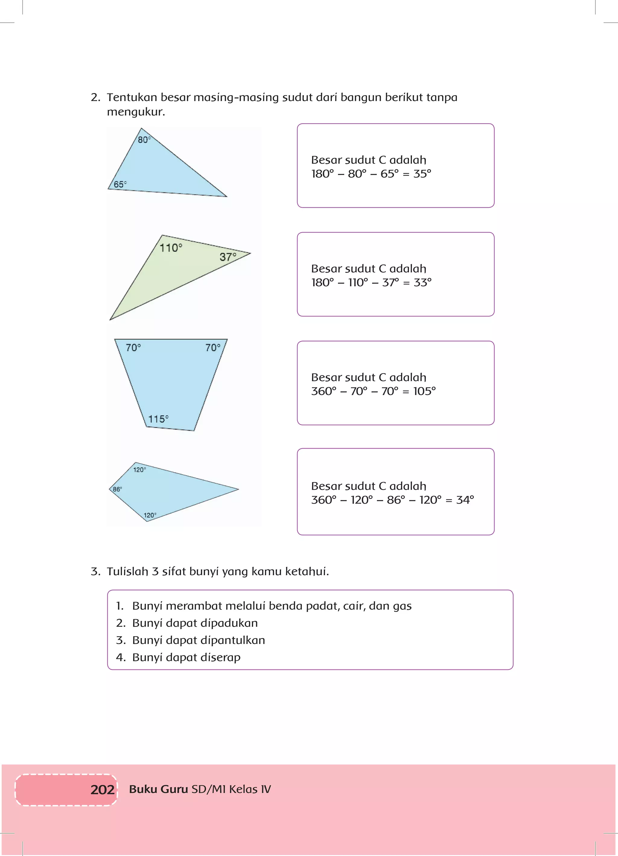 202 Buku Guru SD/MI Kelas IV
2.	 Tentukan besar masing-masing sudut dari bangun berikut tanpa
mengukur.
Besar sudut C adalah
180° – 80° – 65° = 35°
Besar sudut C adalah
180° – 110° – 37° = 33°
Besar sudut C adalah
360° – 70° – 70° = 105°
Besar sudut C adalah
360° – 120° – 86° – 120° = 34°
3.	 Tulislah 3 sifat bunyi yang kamu ketahui.
1.	 Bunyi merambat melalui benda padat, cair, dan gas
2.	 Bunyi dapat dipadukan
3.	 Bunyi dapat dipantulkan
4.	 Bunyi dapat diserap
 