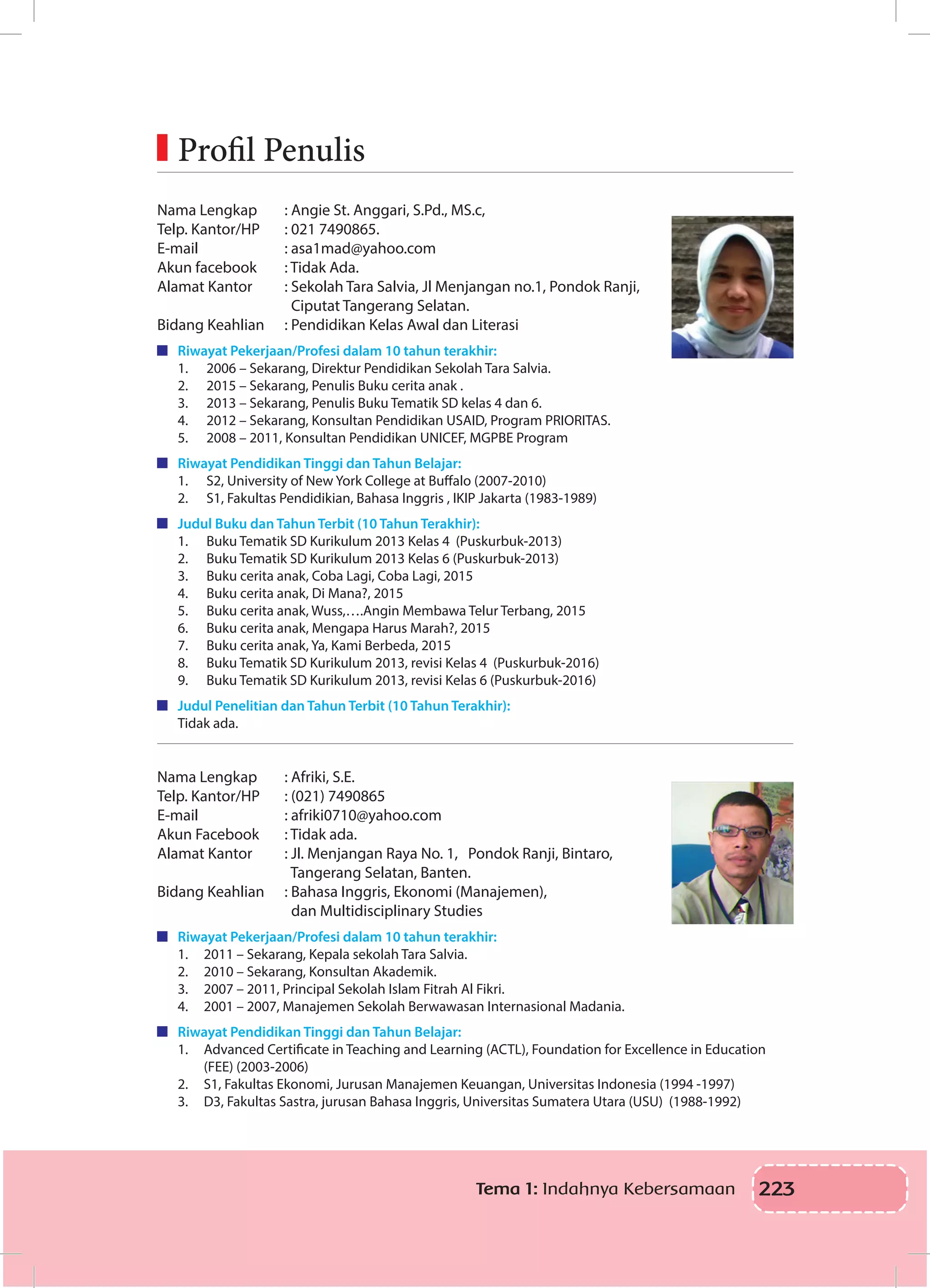 223Tema 1: Indahnya Kebersamaan
Nama Lengkap		 : Angie St. Anggari, S.Pd., MS.c,
Telp. Kantor/HP	 : 021 7490865.
E-mail		 : asa1mad@yahoo.com
Akun facebook		 : Tidak Ada.
Alamat Kantor		 : Sekolah Tara Salvia, Jl Menjangan no.1, Pondok Ranji,
		 Ciputat Tangerang Selatan.
Bidang Keahlian	 : Pendidikan Kelas Awal dan Literasi
	 Riwayat Pekerjaan/Profesi dalam 10 tahun terakhir:
1.	 2006 – Sekarang, Direktur Pendidikan Sekolah Tara Salvia.
2.	 2015 – Sekarang, Penulis Buku cerita anak .
3.	 2013 – Sekarang, Penulis Buku Tematik SD kelas 4 dan 6.
4.	 2012 – Sekarang, Konsultan Pendidikan USAID, Program PRIORITAS.
5.	 2008 – 2011, Konsultan Pendidikan UNICEF, MGPBE Program
	 Riwayat Pendidikan Tinggi dan Tahun Belajar:
1.	 S2, University of New York College at Buffalo (2007-2010)
2.	 S1, Fakultas Pendidikian, Bahasa Inggris , IKIP Jakarta (1983-1989)
	 Judul Buku dan Tahun Terbit (10 Tahun Terakhir):
1.	 Buku Tematik SD Kurikulum 2013 Kelas 4 (Puskurbuk-2013)
2.	 Buku Tematik SD Kurikulum 2013 Kelas 6 (Puskurbuk-2013)
3.	 Buku cerita anak, Coba Lagi, Coba Lagi, 2015
4.	 Buku cerita anak, Di Mana?, 2015
5.	 Buku cerita anak, Wuss,….Angin Membawa Telur Terbang, 2015
6.	 Buku cerita anak, Mengapa Harus Marah?, 2015
7.	 Buku cerita anak, Ya, Kami Berbeda, 2015
8.	 Buku Tematik SD Kurikulum 2013, revisi Kelas 4 (Puskurbuk-2016)
9.	 Buku Tematik SD Kurikulum 2013, revisi Kelas 6 (Puskurbuk-2016)
	 Judul Penelitian dan Tahun Terbit (10 Tahun Terakhir):
Tidak ada.
Nama Lengkap		 : Afriki, S.E.
Telp. Kantor/HP	 : (021) 7490865
E-mail		 : afriki0710@yahoo.com
Akun Facebook		 : Tidak ada.
Alamat Kantor		 : Jl. Menjangan Raya No. 1, Pondok Ranji, Bintaro,
		 Tangerang Selatan, Banten.
Bidang Keahlian	 : Bahasa Inggris, Ekonomi (Manajemen),
	 dan Multidisciplinary Studies
	 Riwayat Pekerjaan/Profesi dalam 10 tahun terakhir:
1.	 2011 – Sekarang, Kepala sekolah Tara Salvia.
2.	 2010 – Sekarang, Konsultan Akademik.
3.	 2007 – 2011, Principal Sekolah Islam Fitrah Al Fikri.
4.	 2001 – 2007, Manajemen Sekolah Berwawasan Internasional Madania.
	 Riwayat Pendidikan Tinggi dan Tahun Belajar:
1.	 Advanced Certificate in Teaching and Learning (ACTL), Foundation for Excellence in Education
(FEE) (2003-2006)
2.	 S1, Fakultas Ekonomi, Jurusan Manajemen Keuangan, Universitas Indonesia (1994 -1997)
3.	 D3, Fakultas Sastra, jurusan Bahasa Inggris, Universitas Sumatera Utara (USU) (1988-1992)
	Profil Penulis
 