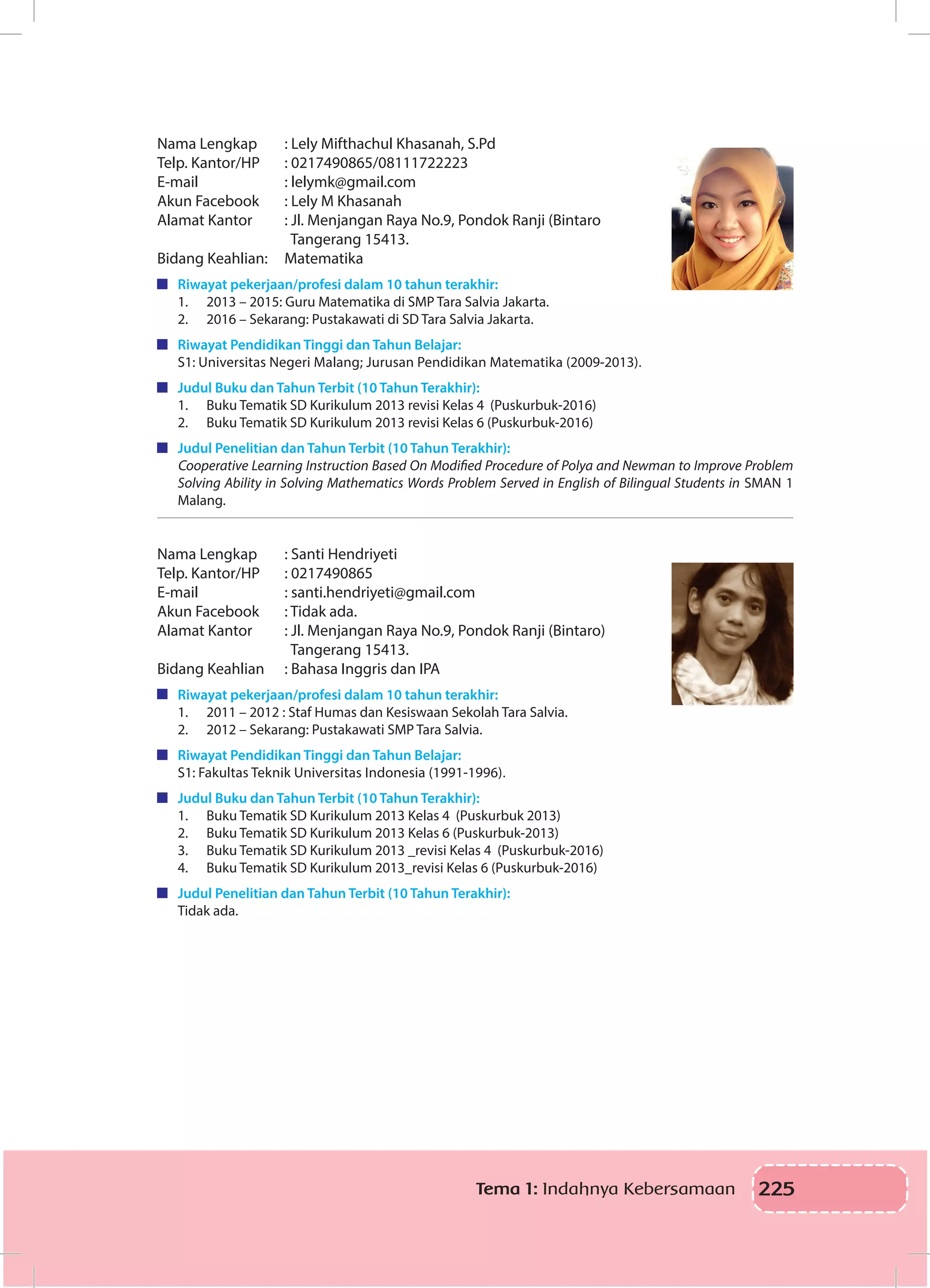 225Tema 1: Indahnya Kebersamaan
Nama Lengkap		 : Lely Mifthachul Khasanah, S.Pd
Telp. Kantor/HP	 : 0217490865/08111722223
E-mail		 : lelymk@gmail.com
Akun Facebook		 : Lely M Khasanah
Alamat Kantor		 : Jl. Menjangan Raya No.9, Pondok Ranji (Bintaro
		 Tangerang 15413.
Bidang Keahlian: 	 Matematika
	 Riwayat pekerjaan/profesi dalam 10 tahun terakhir:
1.	 2013 – 2015: Guru Matematika di SMP Tara Salvia Jakarta.
2.	 2016 – Sekarang: Pustakawati di SD Tara Salvia Jakarta.
	 Riwayat Pendidikan Tinggi dan Tahun Belajar:
S1: Universitas Negeri Malang; Jurusan Pendidikan Matematika (2009-2013).
	 Judul Buku dan Tahun Terbit (10 Tahun Terakhir):
1.	 Buku Tematik SD Kurikulum 2013 revisi Kelas 4 (Puskurbuk-2016)
2.	 Buku Tematik SD Kurikulum 2013 revisi Kelas 6 (Puskurbuk-2016)
	 Judul Penelitian dan Tahun Terbit (10 Tahun Terakhir):
Cooperative Learning Instruction Based On Modified Procedure of Polya and Newman to Improve Problem
Solving Ability in Solving Mathematics Words Problem Served in English of Bilingual Students in SMAN 1
Malang.
Nama Lengkap		 : Santi Hendriyeti
Telp. Kantor/HP	 : 0217490865
E-mail		 : santi.hendriyeti@gmail.com
Akun Facebook		 : Tidak ada.
Alamat Kantor		 : Jl. Menjangan Raya No.9, Pondok Ranji (Bintaro)
		 Tangerang 15413.
Bidang Keahlian	 : Bahasa Inggris dan IPA
	 Riwayat pekerjaan/profesi dalam 10 tahun terakhir:
1.	 2011 – 2012 : Staf Humas dan Kesiswaan Sekolah Tara Salvia.
2.	 2012 – Sekarang: Pustakawati SMP Tara Salvia.
	 Riwayat Pendidikan Tinggi dan Tahun Belajar:
S1: Fakultas Teknik Universitas Indonesia (1991-1996).
	 Judul Buku dan Tahun Terbit (10 Tahun Terakhir):
1.	 Buku Tematik SD Kurikulum 2013 Kelas 4 (Puskurbuk 2013)
2.	 Buku Tematik SD Kurikulum 2013 Kelas 6 (Puskurbuk-2013)
3.	 Buku Tematik SD Kurikulum 2013 _revisi Kelas 4 (Puskurbuk-2016)
4.	 Buku Tematik SD Kurikulum 2013_revisi Kelas 6 (Puskurbuk-2016)
	 Judul Penelitian dan Tahun Terbit (10 Tahun Terakhir):
Tidak ada.
 