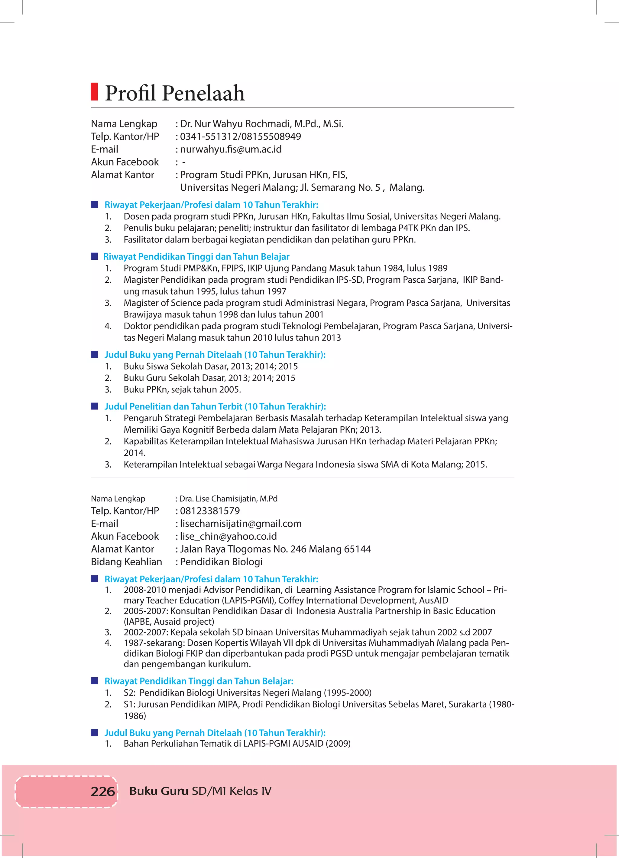 226 Buku Guru SD/MI Kelas IVI
Nama Lengkap		 : Dr. Nur Wahyu Rochmadi, M.Pd., M.Si.
Telp. Kantor/HP	 : 0341-551312/08155508949
E-mail		 : nurwahyu.fis@um.ac.id
Akun Facebook		 : -
Alamat Kantor		 : Program Studi PPKn, Jurusan HKn, FIS, 	
	 Universitas Negeri Malang; Jl. Semarang No. 5 , Malang.
	 Riwayat Pekerjaan/Profesi dalam 10 Tahun Terakhir:
1.	 Dosen pada program studi PPKn, Jurusan HKn, Fakultas Ilmu Sosial, Universitas Negeri Malang.
2.	 Penulis buku pelajaran; peneliti; instruktur dan fasilitator di lembaga P4TK PKn dan IPS.
3.	 Fasilitator dalam berbagai kegiatan pendidikan dan pelatihan guru PPKn.
Riwayat Pendidikan Tinggi dan Tahun Belajar
1.	 Program Studi PMP&Kn, FPIPS, IKIP Ujung Pandang Masuk tahun 1984, lulus 1989
2.	 Magister Pendidikan pada program studi Pendidikan IPS-SD, Program Pasca Sarjana, IKIP Band-
ung masuk tahun 1995, lulus tahun 1997
3.	 Magister of Science pada program studi Administrasi Negara, Program Pasca Sarjana, Universitas
Brawijaya masuk tahun 1998 dan lulus tahun 2001
4.	 Doktor pendidikan pada program studi Teknologi Pembelajaran, Program Pasca Sarjana, Universi-
tas Negeri Malang masuk tahun 2010 lulus tahun 2013
	 Judul Buku yang Pernah Ditelaah (10 Tahun Terakhir):
1.	 Buku Siswa Sekolah Dasar, 2013; 2014; 2015
2.	 Buku Guru Sekolah Dasar, 2013; 2014; 2015
3.	 Buku PPKn, sejak tahun 2005.
	 Judul Penelitian dan Tahun Terbit (10 Tahun Terakhir):
1.	 Pengaruh Strategi Pembelajaran Berbasis Masalah terhadap Keterampilan Intelektual siswa yang
Memiliki Gaya Kognitif Berbeda dalam Mata Pelajaran PKn; 2013.
2.	 Kapabilitas Keterampilan Intelektual Mahasiswa Jurusan HKn terhadap Materi Pelajaran PPKn;
2014.
3.	 Keterampilan Intelektual sebagai Warga Negara Indonesia siswa SMA di Kota Malang; 2015.
Nama Lengkap		 : Dra. Lise Chamisijatin, M.Pd 	
Telp. Kantor/HP	 : 08123381579
E-mail		 : lisechamisijatin@gmail.com
Akun Facebook		 : lise_chin@yahoo.co.id
Alamat Kantor		 : Jalan Raya Tlogomas No. 246 Malang 65144
Bidang Keahlian	 : Pendidikan Biologi
	 Riwayat Pekerjaan/Profesi dalam 10 Tahun Terakhir:
1.	 2008-2010 menjadi Advisor Pendidikan, di Learning Assistance Program for Islamic School – Pri-
mary Teacher Education (LAPIS-PGMI), Coffey International Development, AusAID
2.	 2005-2007: Konsultan Pendidikan Dasar di Indonesia Australia Partnership in Basic Education
(IAPBE, Ausaid project)
3.	 2002-2007: Kepala sekolah SD binaan Universitas Muhammadiyah sejak tahun 2002 s.d 2007
4.	 1987-sekarang: Dosen Kopertis Wilayah VII dpk di Universitas Muhammadiyah Malang pada Pen-
didikan Biologi FKIP dan diperbantukan pada prodi PGSD untuk mengajar pembelajaran tematik
dan pengembangan kurikulum.
	 Riwayat Pendidikan Tinggi dan Tahun Belajar:
1.	 S2: Pendidikan Biologi Universitas Negeri Malang (1995-2000)
2.	 S1: Jurusan Pendidikan MIPA, Prodi Pendidikan Biologi Universitas Sebelas Maret, Surakarta (1980-
1986)
	 Judul Buku yang Pernah Ditelaah (10 Tahun Terakhir):
1.	 Bahan Perkuliahan Tematik di LAPIS-PGMI AUSAID (2009)
	Profil Penelaah
 