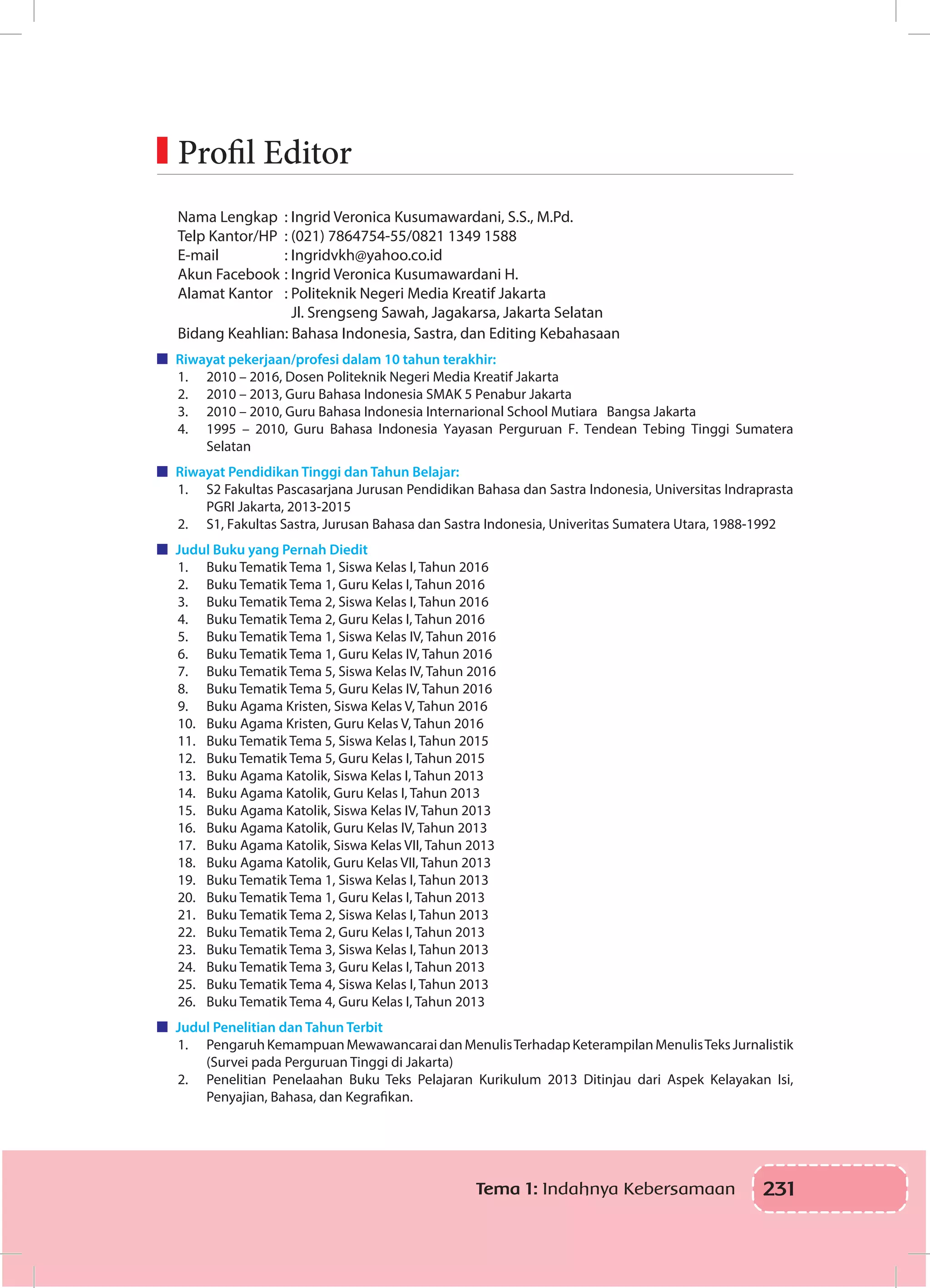 231Tema 1: Indahnya Kebersamaan
Nama Lengkap	 : Ingrid Veronica Kusumawardani, S.S., M.Pd.
Telp Kantor/HP	 : (021) 7864754-55/0821 1349 1588
E-mail	 : Ingridvkh@yahoo.co.id
Akun Facebook	: Ingrid Veronica Kusumawardani H.
Alamat Kantor	 : Politeknik Negeri Media Kreatif Jakarta
	 Jl. Srengseng Sawah, Jagakarsa, Jakarta Selatan
Bidang Keahlian: Bahasa Indonesia, Sastra, dan Editing Kebahasaan
Riwayat pekerjaan/profesi dalam 10 tahun terakhir:
1.	 2010 – 2016, Dosen Politeknik Negeri Media Kreatif Jakarta
2.	 2010 – 2013, Guru Bahasa Indonesia SMAK 5 Penabur Jakarta
3.	 2010 – 2010, Guru Bahasa Indonesia Internarional School Mutiara Bangsa Jakarta
4.	 1995 – 2010, Guru Bahasa Indonesia Yayasan Perguruan F. Tendean Tebing Tinggi Sumatera
Selatan
Riwayat Pendidikan Tinggi dan Tahun Belajar:
1.	 S2 Fakultas Pascasarjana Jurusan Pendidikan Bahasa dan Sastra Indonesia, Universitas Indraprasta
PGRI Jakarta, 2013-2015
2.	 S1, Fakultas Sastra, Jurusan Bahasa dan Sastra Indonesia, Univeritas Sumatera Utara, 1988-1992
Judul Buku yang Pernah Diedit
1.	 Buku Tematik Tema 1, Siswa Kelas I, Tahun 2016
2.	 Buku Tematik Tema 1, Guru Kelas I, Tahun 2016
3.	 Buku Tematik Tema 2, Siswa Kelas I, Tahun 2016
4.	 Buku Tematik Tema 2, Guru Kelas I, Tahun 2016
5.	 Buku Tematik Tema 1, Siswa Kelas IV, Tahun 2016
6.	 Buku Tematik Tema 1, Guru Kelas IV, Tahun 2016
7.	 Buku Tematik Tema 5, Siswa Kelas IV, Tahun 2016
8.	 Buku Tematik Tema 5, Guru Kelas IV, Tahun 2016
9.	 Buku Agama Kristen, Siswa Kelas V, Tahun 2016
10.	 Buku Agama Kristen, Guru Kelas V, Tahun 2016
11.	 Buku Tematik Tema 5, Siswa Kelas I, Tahun 2015
12.	 Buku Tematik Tema 5, Guru Kelas I, Tahun 2015
13.	 Buku Agama Katolik, Siswa Kelas I, Tahun 2013
14.	 Buku Agama Katolik, Guru Kelas I, Tahun 2013
15.	 Buku Agama Katolik, Siswa Kelas IV, Tahun 2013
16.	 Buku Agama Katolik, Guru Kelas IV, Tahun 2013
17.	 Buku Agama Katolik, Siswa Kelas VII, Tahun 2013
18.	 Buku Agama Katolik, Guru Kelas VII, Tahun 2013
19.	 Buku Tematik Tema 1, Siswa Kelas I, Tahun 2013
20.	 Buku Tematik Tema 1, Guru Kelas I, Tahun 2013
21.	 Buku Tematik Tema 2, Siswa Kelas I, Tahun 2013
22.	 Buku Tematik Tema 2, Guru Kelas I, Tahun 2013
23.	 Buku Tematik Tema 3, Siswa Kelas I, Tahun 2013
24.	 Buku Tematik Tema 3, Guru Kelas I, Tahun 2013
25.	 Buku Tematik Tema 4, Siswa Kelas I, Tahun 2013
26.	 Buku Tematik Tema 4, Guru Kelas I, Tahun 2013
Judul Penelitian dan Tahun Terbit
1.	 PengaruhKemampuanMewawancaraidanMenulisTerhadapKeterampilanMenulisTeksJurnalistik
(Survei pada Perguruan Tinggi di Jakarta)
2.	 Penelitian Penelaahan Buku Teks Pelajaran Kurikulum 2013 Ditinjau dari Aspek Kelayakan Isi,
Penyajian, Bahasa, dan Kegrafikan.
	Profil Editor
 