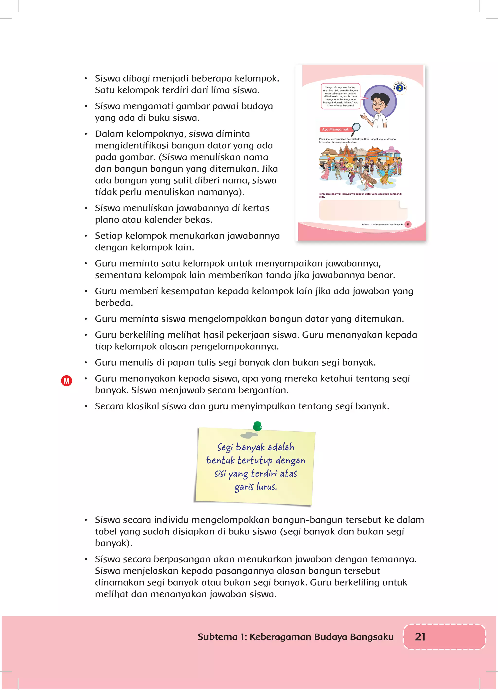 21Subtema 1: Keberagaman Budaya Bangsaku
•	 Siswa dibagi menjadi beberapa kelompok.
Satu kelompok terdiri dari lima siswa.
•	 Siswa mengamati gambar pawai budaya
yang ada di buku siswa.
•	 Dalam kelompoknya, siswa diminta
mengidentifikasi bangun datar yang ada
pada gambar. (Siswa menuliskan nama
dan bangun bangun yang ditemukan. Jika
ada bangun yang sulit diberi nama, siswa
tidak perlu menuliskan namanya).
•	 Siswa menuliskan jawabannya di kertas
plano atau kalender bekas.
•	 Setiap kelompok menukarkan jawabannya
dengan kelompok lain.
•	 Guru meminta satu kelompok untuk menyampaikan jawabannya,
sementara kelompok lain memberikan tanda jika jawabannya benar.
•	 Guru memberi kesempatan kepada kelompok lain jika ada jawaban yang
berbeda.
•	 Guru meminta siswa mengelompokkan bangun datar yang ditemukan.
•	 Guru berkeliling melihat hasil pekerjaan siswa. Guru menanyakan kepada
tiap kelompok alasan pengelompokannya.
•	 Guru menulis di papan tulis segi banyak dan bukan segi banyak.
•	 Guru menanyakan kepada siswa, apa yang mereka ketahui tentang segi
banyak. Siswa menjawab secara bergantian.
•	 Secara klasikal siswa dan guru menyimpulkan tentang segi banyak.
Segi banyak adalah
bentuk tertutup dengan
sisi yang terdiri atas
garis lurus.
•	 Siswa secara individu mengelompokkan bangun-bangun tersebut ke dalam
tabel yang sudah disiapkan di buku siswa (segi banyak dan bukan segi
banyak).
•	 Siswa secara berpasangan akan menukarkan jawaban dengan temannya.
Siswa menjelaskan kepada pasangannya alasan bangun tersebut
dinamakan segi banyak atau bukan segi banyak. Guru berkeliling untuk
melihat dan menanyakan jawaban siswa.
M
17Subtema 1: Keberagaman Budaya Bangsaku
2
Pada saat menyaksikan Pawai Budaya, Udin sangat kagum dengan
keindahan keberagaman budaya.
Temukan sebanyak-banyaknya bangun datar yang ada pada gambar di
atas.
Menyaksikan pawai budaya
membuat Edo semakin kagum
akan keberagaman budaya
di Indonesia. Inginkah kamu
mengetahui keberagaman
budaya Indonesia lainnya? Ayo
kita cari tahu bersama!
 