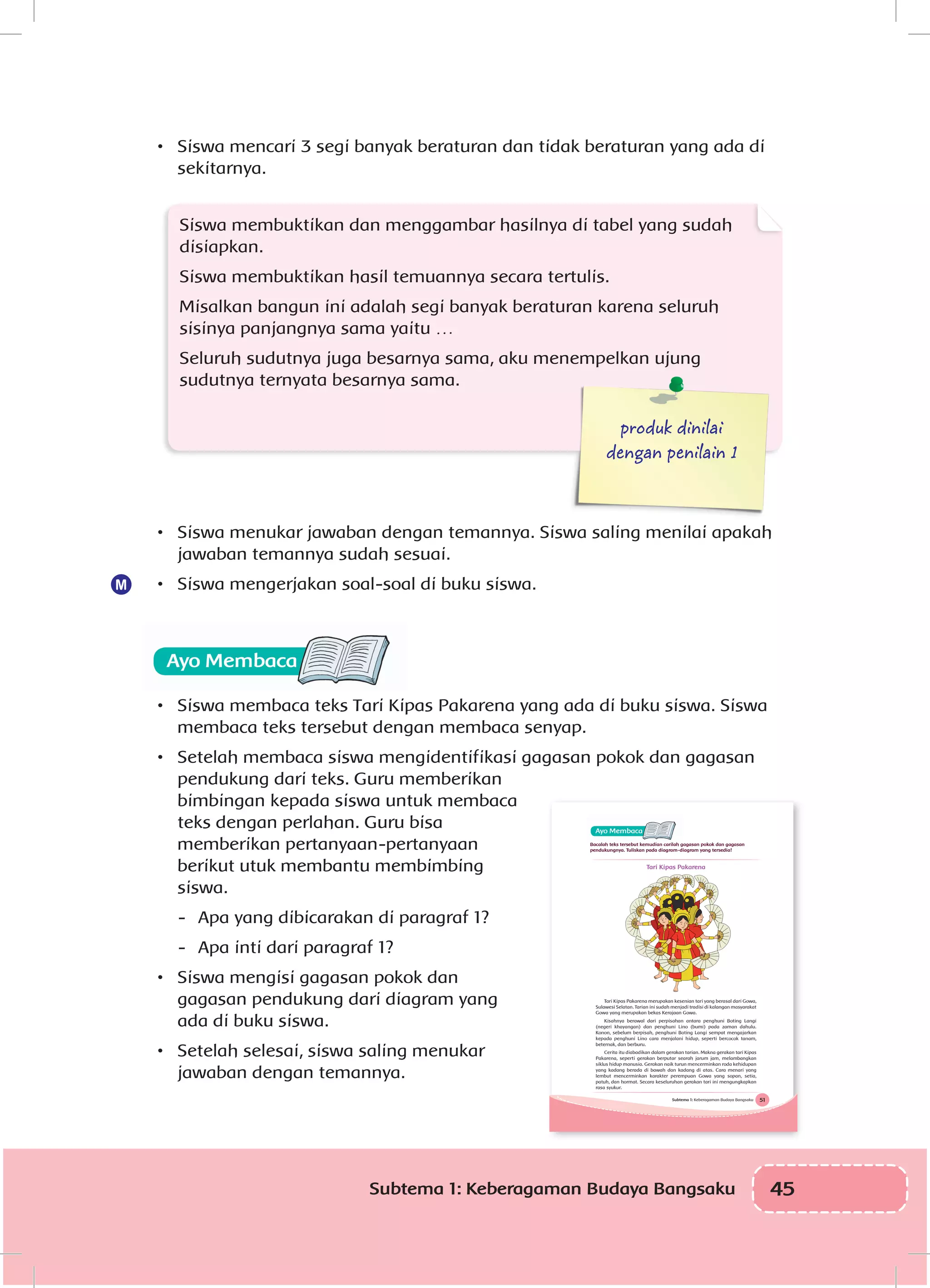 45Subtema 1: Keberagaman Budaya Bangsaku
•	 Siswa mencari 3 segi banyak beraturan dan tidak beraturan yang ada di
sekitarnya.
Siswa membuktikan dan menggambar hasilnya di tabel yang sudah
disiapkan.
Siswa membuktikan hasil temuannya secara tertulis.
Misalkan bangun ini adalah segi banyak beraturan karena seluruh
sisinya panjangnya sama yaitu …
Seluruh sudutnya juga besarnya sama, aku menempelkan ujung
sudutnya ternyata besarnya sama.
produk dinilai
dengan penilain 1
•	 Siswa menukar jawaban dengan temannya. Siswa saling menilai apakah
jawaban temannya sudah sesuai.
•	 Siswa mengerjakan soal-soal di buku siswa.
•	 Siswa membaca teks Tari Kipas Pakarena yang ada di buku siswa. Siswa
membaca teks tersebut dengan membaca senyap.
•	 Setelah membaca siswa mengidentifikasi gagasan pokok dan gagasan
pendukung dari teks. Guru memberikan
bimbingan kepada siswa untuk membaca
teks dengan perlahan. Guru bisa
memberikan pertanyaan-pertanyaan
berikut utuk membantu membimbing
siswa.
-	 Apa yang dibicarakan di paragraf 1?
-	 Apa inti dari paragraf 1?
•	 Siswa mengisi gagasan pokok dan
gagasan pendukung dari diagram yang
ada di buku siswa.
•	 Setelah selesai, siswa saling menukar
jawaban dengan temannya.
M
51Subtema 1: Keberagaman Budaya Bangsaku
Bacalah teks tersebut kemudian carilah gagasan pokok dan gagasan
pendukungnya. Tuliskan pada diagram-diagram yang tersedia!
Tari Kipas Pakarena
Tari Kipas Pakarena merupakan kesenian tari yang berasal dari Gowa,
Sulawesi Selatan. Tarian ini sudah menjadi tradisi di kalangan masyarakat
Gowa yang merupakan bekas Kerajaan Gowa.
Kisahnya berawal dari perpisahan antara penghuni Boting Langi
(negeri khayangan) dan penghuni Lino (bumi) pada zaman dahulu.
Konon, sebelum berpisah, penghuni Boting Langi sempat mengajarkan
kepada penghuni Lino cara menjalani hidup, seperti bercocok tanam,
beternak, dan berburu.
Cerita itu diabadikan dalam gerakan tarian. Makna gerakan tari Kipas
Pakarena, seperti gerakan berputar searah jarum jam, melambangkan
siklus hidup manusia. Gerakan naik turun mencerminkan roda kehidupan
yang kadang berada di bawah dan kadang di atas. Cara menari yang
lembut mencerminkan karakter perempuan Gowa yang sopan, setia,
patuh, dan hormat. Secara keseluruhan gerakan tari ini mengungkapkan
rasa syukur.
 