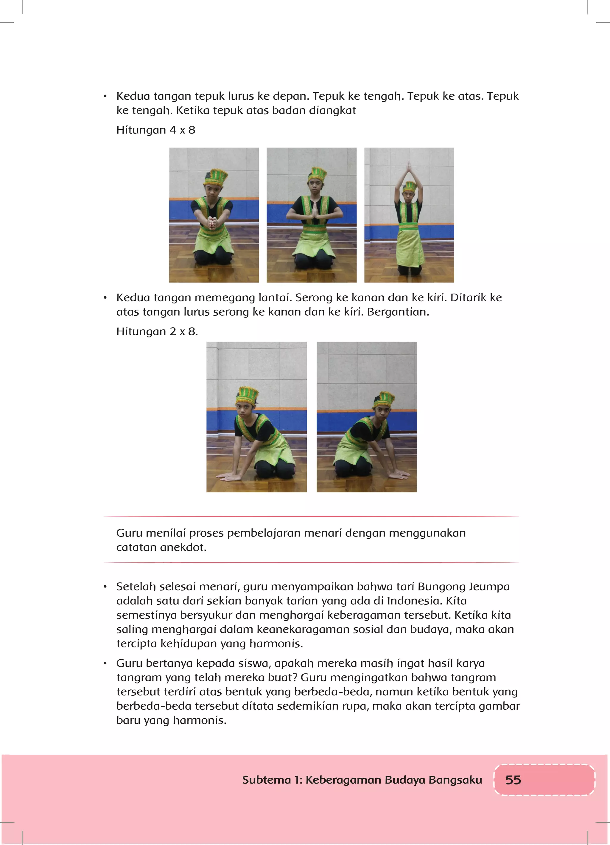 55Subtema 1: Keberagaman Budaya Bangsaku
•	 Kedua tangan tepuk lurus ke depan. Tepuk ke tengah. Tepuk ke atas. Tepuk
ke tengah. Ketika tepuk atas badan diangkat
	 Hitungan 4 x 8
•	 Kedua tangan memegang lantai. Serong ke kanan dan ke kiri. Ditarik ke
atas tangan lurus serong ke kanan dan ke kiri. Bergantian.
	 Hitungan 2 x 8.
Guru menilai proses pembelajaran menari dengan menggunakan
catatan anekdot.
•	 Setelah selesai menari, guru menyampaikan bahwa tari Bungong Jeumpa
adalah satu dari sekian banyak tarian yang ada di Indonesia. Kita
semestinya bersyukur dan menghargai keberagaman tersebut. Ketika kita
saling menghargai dalam keanekaragaman sosial dan budaya, maka akan
tercipta kehidupan yang harmonis.
•	 Guru bertanya kepada siswa, apakah mereka masih ingat hasil karya
tangram yang telah mereka buat? Guru mengingatkan bahwa tangram
tersebut terdiri atas bentuk yang berbeda-beda, namun ketika bentuk yang
berbeda-beda tersebut ditata sedemikian rupa, maka akan tercipta gambar
baru yang harmonis.
 