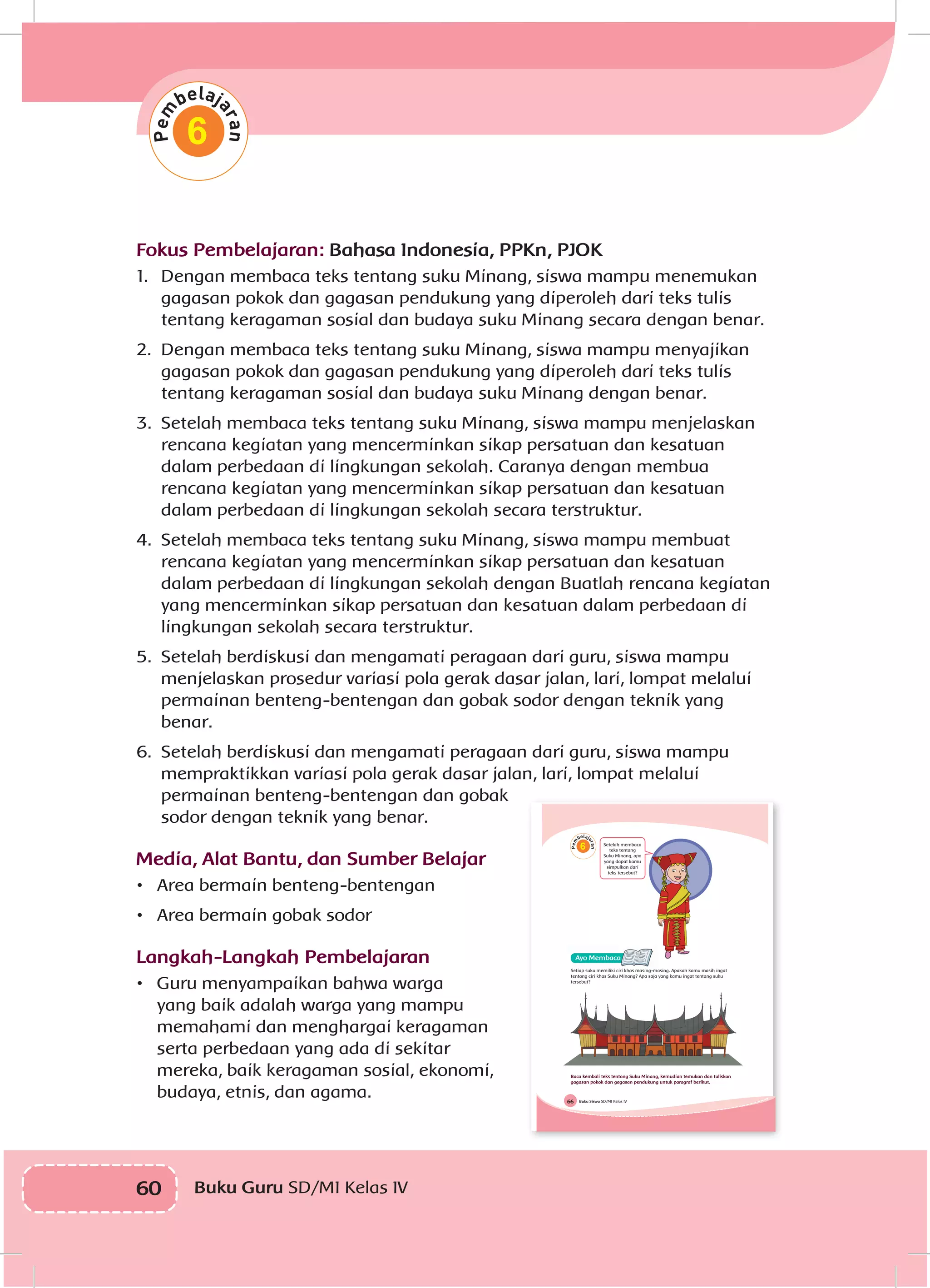 60 Buku Guru SD/MI Kelas IVI
Fokus Pembelajaran: Bahasa Indonesia, PPKn, PJOK
1.	 Dengan membaca teks tentang suku Minang, siswa mampu menemukan
gagasan pokok dan gagasan pendukung yang diperoleh dari teks tulis
tentang keragaman sosial dan budaya suku Minang secara dengan benar.
2.	 Dengan membaca teks tentang suku Minang, siswa mampu menyajikan
gagasan pokok dan gagasan pendukung yang diperoleh dari teks tulis
tentang keragaman sosial dan budaya suku Minang dengan benar.
3.	 Setelah membaca teks tentang suku Minang, siswa mampu menjelaskan
rencana kegiatan yang mencerminkan sikap persatuan dan kesatuan
dalam perbedaan di lingkungan sekolah. Caranya dengan membua
rencana kegiatan yang mencerminkan sikap persatuan dan kesatuan
dalam perbedaan di lingkungan sekolah secara terstruktur.
4.	 Setelah membaca teks tentang suku Minang, siswa mampu membuat
rencana kegiatan yang mencerminkan sikap persatuan dan kesatuan
dalam perbedaan di lingkungan sekolah dengan Buatlah rencana kegiatan
yang mencerminkan sikap persatuan dan kesatuan dalam perbedaan di
lingkungan sekolah secara terstruktur.
5.	 Setelah berdiskusi dan mengamati peragaan dari guru, siswa mampu
menjelaskan prosedur variasi pola gerak dasar jalan, lari, lompat melalui
permainan benteng-bentengan dan gobak sodor dengan teknik yang
benar.
6.	 Setelah berdiskusi dan mengamati peragaan dari guru, siswa mampu
mempraktikkan variasi pola gerak dasar jalan, lari, lompat melalui
permainan benteng-bentengan dan gobak
sodor dengan teknik yang benar.
Media, Alat Bantu, dan Sumber Belajar
•	 Area bermain benteng-bentengan
•	 Area bermain gobak sodor
Langkah-Langkah Pembelajaran
•	 Guru menyampaikan bahwa warga
yang baik adalah warga yang mampu
memahami dan menghargai keragaman
serta perbedaan yang ada di sekitar
mereka, baik keragaman sosial, ekonomi,
budaya, etnis, dan agama.
6
Buku Siswa SD/MI Kelas IV66
6 Setelah membaca
teks tentang
Suku Minang, apa
yang dapat kamu
simpulkan dari
teks tersebut?
Setiap suku memiliki ciri khas masing-masing. Apakah kamu masih ingat
tentang ciri khas Suku Minang? Apa saja yang kamu ingat tentang suku
tersebut?
Baca kembali teks tentang Suku Minang, kemudian temukan dan tuliskan
gagasan pokok dan gagasan pendukung untuk paragraf berikut.
 