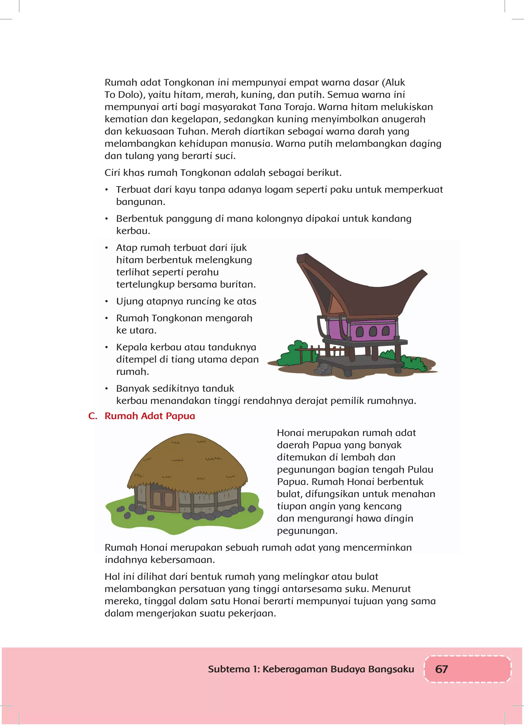 67Subtema 1: Keberagaman Budaya Bangsaku
Rumah adat Tongkonan ini mempunyai empat warna dasar (Aluk
To Dolo), yaitu hitam, merah, kuning, dan putih. Semua warna ini
mempunyai arti bagi masyarakat Tana Toraja. Warna hitam melukiskan
kematian dan kegelapan, sedangkan kuning menyimbolkan anugerah
dan kekuasaan Tuhan. Merah diartikan sebagai warna darah yang
melambangkan kehidupan manusia. Warna putih melambangkan daging
dan tulang yang berarti suci.
Ciri khas rumah Tongkonan adalah sebagai berikut.
•	 Terbuat dari kayu tanpa adanya logam seperti paku untuk memperkuat
bangunan.
•	 Berbentuk panggung di mana kolongnya dipakai untuk kandang
kerbau.
•	 Atap rumah terbuat dari ijuk
hitam berbentuk melengkung
terlihat seperti perahu
tertelungkup bersama buritan.
•	 Ujung atapnya runcing ke atas
•	 Rumah Tongkonan mengarah
ke utara.
•	 Kepala kerbau atau tanduknya
ditempel di tiang utama depan
rumah.
•	 Banyak sedikitnya tanduk
kerbau menandakan tinggi rendahnya derajat pemilik rumahnya.
C.	 Rumah Adat Papua
Honai merupakan rumah adat
daerah Papua yang banyak
ditemukan di lembah dan
pegunungan bagian tengah Pulau
Papua. Rumah Honai berbentuk
bulat, difungsikan untuk menahan
tiupan angin yang kencang
dan mengurangi hawa dingin
pegunungan.
Rumah Honai merupakan sebuah rumah adat yang mencerminkan
indahnya kebersamaan.
Hal ini dilihat dari bentuk rumah yang melingkar atau bulat
melambangkan persatuan yang tinggi antarsesama suku. Menurut
mereka, tinggal dalam satu Honai berarti mempunyai tujuan yang sama
dalam mengerjakan suatu pekerjaan.
 