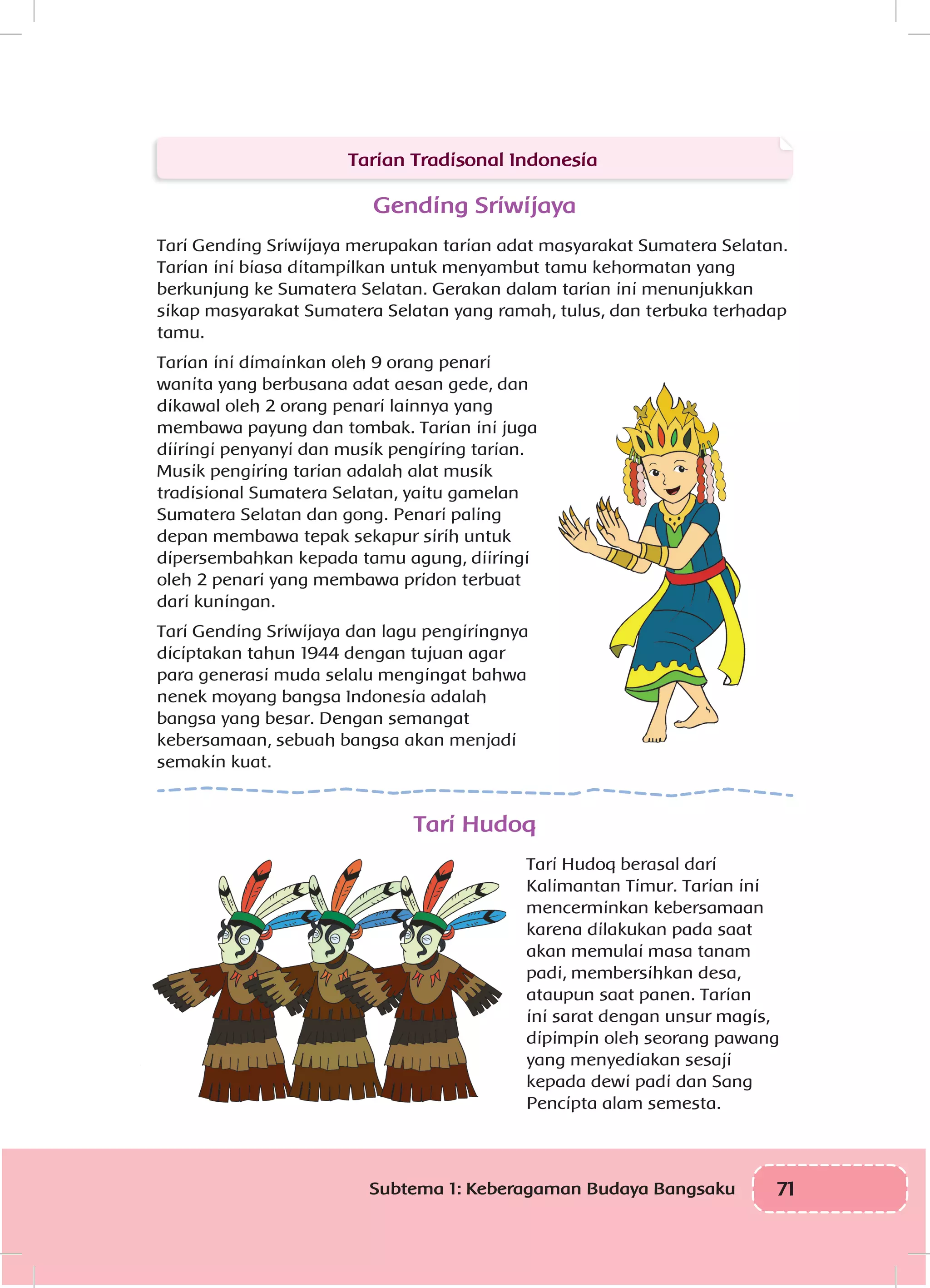 71Subtema 1: Keberagaman Budaya Bangsaku
Tarian Tradisonal Indonesia
Gending Sriwijaya
Tari Gending Sriwijaya merupakan tarian adat masyarakat Sumatera Selatan.
Tarian ini biasa ditampilkan untuk menyambut tamu kehormatan yang
berkunjung ke Sumatera Selatan. Gerakan dalam tarian ini menunjukkan
sikap masyarakat Sumatera Selatan yang ramah, tulus, dan terbuka terhadap
tamu.
Tarian ini dimainkan oleh 9 orang penari
wanita yang berbusana adat aesan gede, dan
dikawal oleh 2 orang penari lainnya yang
membawa payung dan tombak. Tarian ini juga
diiringi penyanyi dan musik pengiring tarian.
Musik pengiring tarian adalah alat musik
tradisional Sumatera Selatan, yaitu gamelan
Sumatera Selatan dan gong. Penari paling
depan membawa tepak sekapur sirih untuk
dipersembahkan kepada tamu agung, diiringi
oleh 2 penari yang membawa pridon terbuat
dari kuningan.
Tari Gending Sriwijaya dan lagu pengiringnya
diciptakan tahun 1944 dengan tujuan agar
para generasi muda selalu mengingat bahwa
nenek moyang bangsa Indonesia adalah
bangsa yang besar. Dengan semangat
kebersamaan, sebuah bangsa akan menjadi
semakin kuat.
Tari Hudoq
Tari Hudoq berasal dari
Kalimantan Timur. Tarian ini
mencerminkan kebersamaan
karena dilakukan pada saat
akan memulai masa tanam
padi, membersihkan desa,
ataupun saat panen. Tarian
ini sarat dengan unsur magis,
dipimpin oleh seorang pawang
yang menyediakan sesaji
kepada dewi padi dan Sang
Pencipta alam semesta.
 
