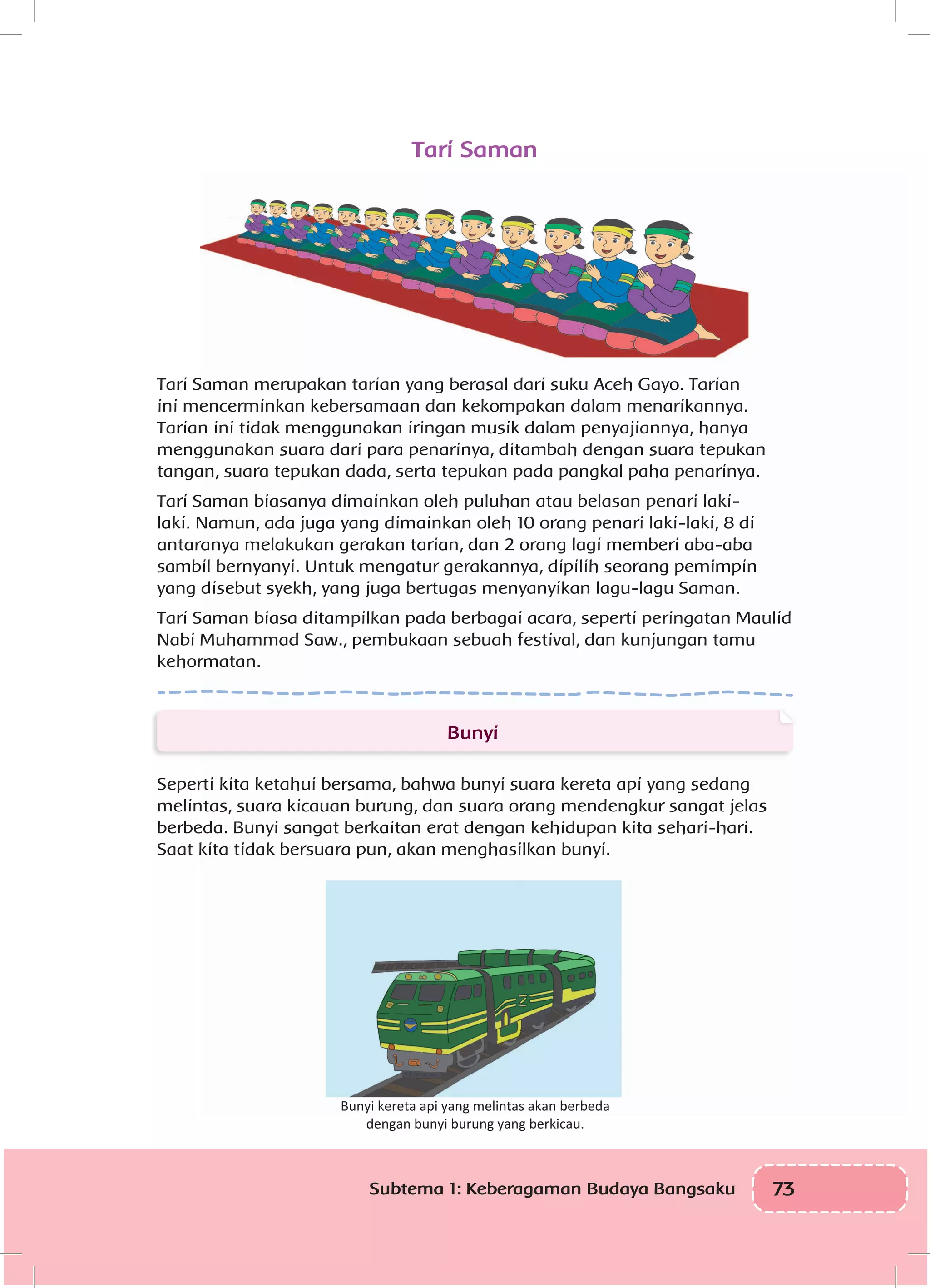 73Subtema 1: Keberagaman Budaya Bangsaku
Tari Saman
Tari Saman merupakan tarian yang berasal dari suku Aceh Gayo. Tarian
ini mencerminkan kebersamaan dan kekompakan dalam menarikannya.
Tarian ini tidak menggunakan iringan musik dalam penyajiannya, hanya
menggunakan suara dari para penarinya, ditambah dengan suara tepukan
tangan, suara tepukan dada, serta tepukan pada pangkal paha penarinya.
Tari Saman biasanya dimainkan oleh puluhan atau belasan penari laki-
laki. Namun, ada juga yang dimainkan oleh 10 orang penari laki-laki, 8 di
antaranya melakukan gerakan tarian, dan 2 orang lagi memberi aba-aba
sambil bernyanyi. Untuk mengatur gerakannya, dipilih seorang pemimpin
yang disebut syekh, yang juga bertugas menyanyikan lagu-lagu Saman.
Tari Saman biasa ditampilkan pada berbagai acara, seperti peringatan Maulid
Nabi Muhammad Saw., pembukaan sebuah festival, dan kunjungan tamu
kehormatan.
Bunyi
Seperti kita ketahui bersama, bahwa bunyi suara kereta api yang sedang
melintas, suara kicauan burung, dan suara orang mendengkur sangat jelas
berbeda. Bunyi sangat berkaitan erat dengan kehidupan kita sehari-hari.
Saat kita tidak bersuara pun, akan menghasilkan bunyi.
Bunyi kereta api yang melintas akan berbeda
dengan bunyi burung yang berkicau.
 
