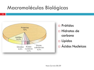 Macromoléculas Biológicas
14




                                        Prótidos
                                        Hidratos de
                                         carbono
                                        Lípidos
                                        Ácidos Nucleicos




                    Nuno Correia 08/09
 