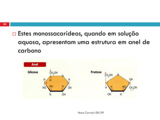 29


        Estes monossacarídeos, quando em solução
         aquosa, apresentam uma estrutura em anel de
         carbono




                            Nuno Correia 08/09
 