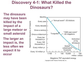 Discovery 4-1: What Killed the Dinosaurs? The larger an impact is, the less often we expect it to occur The dinosaurs may have been killed by the impact of a large meteor or small asteroid 