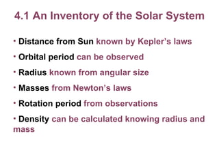 4.1 An Inventory of the Solar System Distance from Sun  known by Kepler’s laws Orbital period  can be observed Radius  known from angular size Masses  from Newton’s laws Rotation period  from observations Density  can be calculated knowing radius and mass 