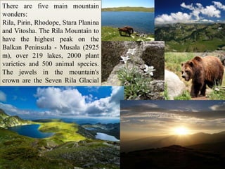 There are five main mountain wonders: Rila, Pirin, Rhodope, StaraPlanina and Vitosha. The Rila Mountain to have the highest peak on the Balkan Peninsula - Musala (2925 m), over 219 lakes, 2000 plant varieties and 500 animal species. The jewels in the mountain's crown are the Seven Rila Glacial Lakes.