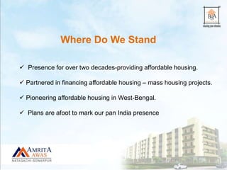  Presence for over two decades-providing affordable housing.
 Partnered in financing affordable housing – mass housing projects.
 Pioneering affordable housing in West-Bengal.
 Plans are afoot to mark our pan India presence
Where Do We Stand
 
