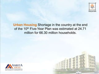 Urban Housing Shortage in the country at the end
of the 10th Five-Year Plan was estimated at 24.71
million for 66.30 million households.
 
