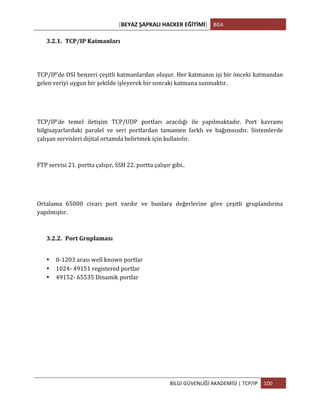 [BEYAZ	
  ŞAPKALI	
  HACKER	
  EĞİTİMİ]	
   BGA	
  
	
  
BİLGİ	
  GÜVENLİĞİ	
  AKADEMİSİ	
  |	
  TCP/IP	
   100	
  
	
  
3.2.1. TCP/IP	
  Katmanları	
  
TCP/IP’de	
  OSI	
  benzeri	
  çeşitli	
  katmanlardan	
  oluşur.	
  Her	
  katmanın	
  işi	
  bir	
  önceki	
  katmandan	
  
gelen	
  veriyi	
  uygun	
  bir	
  şekilde	
  işleyerek	
  bir	
  sonraki	
  katmana	
  sunmaktır.	
  
TCP/IP’de	
   temel	
   iletişim	
   TCP/UDP	
   portları	
   aracılığı	
   ile	
   yapılmaktadır.	
   Port	
   kavramı	
  
bilgisayarlardaki	
   paralel	
   ve	
   seri	
   portlardan	
   tamamen	
   farklı	
   ve	
   bağımsızdır.	
   Sistemlerde	
  
çalışan	
  servisleri	
  dijital	
  ortamda	
  belirtmek	
  için	
  kullanılır.	
  
FTP	
  servisi	
  21.	
  portta	
  çalışır,	
  SSH	
  22.	
  portta	
  çalışır	
  gibi..	
  
Ortalama	
   65000	
   civarı	
   port	
   vardır	
   ve	
   bunlara	
   değerlerine	
   göre	
   çeşitli	
   gruplandırma	
  
yapılmıştır.	
  
3.2.2. Port	
  Gruplaması	
  
• 0-­‐1203	
  arası	
  well	
  known	
  portlar	
  
• 1024-­‐	
  49151	
  registered	
  portlar	
  
• 49152-­‐	
  65535	
  Dinamik	
  portlar	
  
 
