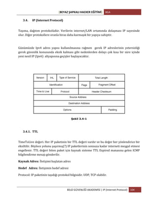 [BEYAZ	
  ŞAPKALI	
  HACKER	
  EĞİTİMİ]	
   BGA	
  
	
  
BİLGİ	
  GÜVENLİĞİ	
  AKADEMİSİ	
  |	
  IP	
  (Internet	
  Protocol)	
   104	
  
	
  
3.4. IP	
  (Internet	
  Protocol)	
  
Taşıma,	
   dağıtım	
   protokolüdür.	
   Verilerin	
   internet/LAN	
   ortamında	
   dolaşması	
   IP	
   sayesinde	
  
olur.	
  Diğer	
  protokollere	
  oranla	
  biraz	
  daha	
  karmaşık	
  bir	
  yapıya	
  sahiptir.	
  
Günümüzde	
   Ipv4	
   adres	
   yapısı	
   kullanılmasına	
   rağmen	
   	
   gerek	
   IP	
   adreslerinin	
   yetersizliği	
  
gerek	
  güvenlik	
  konusunda	
  eksik	
  kalması	
  gibi	
  nedenlerden	
  dolayı	
  çok	
  kısa	
  bir	
  süre	
  içinde	
  
yeni	
  nesil	
  IP	
  (Ipv6)	
  	
  altyapısına	
  geçişler	
  başlayacaktır.	
  
	
  
Şekil 3.4-1
3.4.1. TTL	
  
TimeToLive	
  değeri.	
  Her	
  IP	
  paketinin	
  bir	
  TTL	
  değeri	
  vardır	
  ve	
  bu	
  değer	
  her	
  yönlendirice	
  bir	
  
eksiltilir.	
  Böylece	
  yolunu	
  şaşırmış(?)	
  IP	
  paketlerinin	
  sonsuza	
  kadar	
  interneti	
  meşgul	
  etmesi	
  
engellenir.	
  TTL	
  değeri	
  biten	
  paket	
  için	
  kaynak	
  sisteme	
  TTL	
  Expired	
  manasına	
  gelen	
  ICMP	
  
bilgilendirme	
  mesajı	
  gönderilir.	
  
Kaynak	
  Adres: İletişimi	
  başlatan	
  adres
Hedef	
  	
  	
  Adres: İletişimin	
  hedef	
  adresi
Protocol:	
  IP	
  paketinin	
  taşıdığı	
  protokol	
  bilgisidir.	
  UDP,	
  TCP	
  olabilir.	
  
 