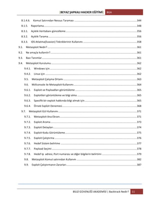 [BEYAZ	
  ŞAPKALI	
  HACKER	
  EĞİTİMİ]	
   BGA	
  
	
  
BİLGİ	
  GÜVENLİĞİ	
  AKADEMİSİ	
  |	
  Backtrack	
  Nedir?	
   11	
  
	
  
8.1.4.6.	
   Komut	
  Satırından	
  Nessus	
  Taraması	
  ......................................................................................	
  344	
  
8.1.5.	
   Raporlama	
  ................................................................................................................................	
  348	
  
8.3.1.	
   Açıklık	
  Veritabanı	
  güncelleme	
  ..................................................................................................	
  356	
  
8.3.2.	
   Açıklık	
  Tarama	
  ..........................................................................................................................	
  356	
  
8.3.3.	
   IDS	
  Atlatma(Evasion)	
  Tekniklerinin	
  Kullanımı	
  ..........................................................................	
  358	
  
9.1.	
   Metasploit	
  Nedir?	
  ...........................................................................................................................	
  361	
  
9.2.	
   Ne	
  amaçla	
  kullanılır?	
  .......................................................................................................................	
  361	
  
9.3.	
   Bazı	
  Tanımlar	
  ...................................................................................................................................	
  361	
  
9.4.	
   Metasploit	
  Kurulumu	
  ......................................................................................................................	
  362	
  
9.4.1.	
   Windows	
  için	
  ........................................................................................................................	
  362	
  
9.4.2.	
   Linux	
  için	
  ..............................................................................................................................	
  362	
  
9.5.	
   Metasploit	
  Çalışma	
  Ortamı	
  .....................................................................................................	
  363	
  
9.6.	
   Msfconsole	
  ile	
  Metasploit	
  Kullanımı	
  .......................................................................................	
  364	
  
9.6.1.	
   Exploit	
  ve	
  Payloadları	
  görüntüleme	
  .....................................................................................	
  365	
  
9.6.2.	
   Exploitleri	
  görüntüleme	
  ve	
  bilgi	
  alma	
  ..................................................................................	
  365	
  
9.6.3.	
   Spesifik	
  bir	
  exploit	
  hakkında	
  bilgi	
  almak	
  için	
  ........................................................................	
  365	
  
9.6.4.	
   Örnek	
  Exploit	
  Denemesi	
  .......................................................................................................	
  368	
  
9.7.	
   Metasploit	
  GUI	
  Kullanımı	
  ............................................................................................................	
  371	
  
9.7.1.	
   Metasploit	
  Ana	
  Ekranı	
  ..........................................................................................................	
  371	
  
9.7.2.	
   Exploit	
  Arama	
  .......................................................................................................................	
  373	
  
9.7.3.	
   Exploit	
  Detayları	
  ...................................................................................................................	
  374	
  
9.7.4.	
   Exploit	
  Kodu	
  Görüntüleme	
  ...................................................................................................	
  375	
  
9.7.5.	
   Exploit	
  Çalıştırma	
  .................................................................................................................	
  376	
  
9.7.6.	
   Hedef	
  Sistem	
  belirtme	
  .........................................................................................................	
  377	
  
9.7.7.	
   Payload	
  Seçimi	
  .....................................................................................................................	
  378	
  
9.7.8.	
   Hedef	
  Ip	
  	
  adresi,	
  Port	
  numarası	
  ve	
  diğer	
  bilgilerin	
  belirtimi	
  ................................................	
  379	
  
9.8.	
   Metasploit	
  Komut	
  satırından	
  Kullanım	
  ...................................................................................	
  382	
  
9.9.	
   Exploit	
  Çalıştırmanın	
  Zararları	
  .................................................................................................	
  387	
  
	
  
	
  
 