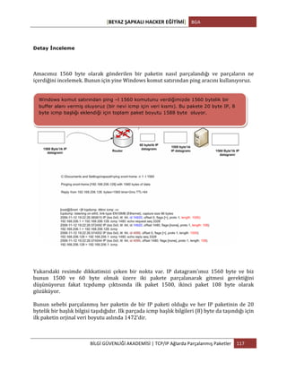 [BEYAZ	
  ŞAPKALI	
  HACKER	
  EĞİTİMİ]	
   BGA	
  
	
  
BİLGİ	
  GÜVENLİĞİ	
  AKADEMİSİ	
  |	
  TCP/IP	
  Ağlarda	
  Parçalanmış	
  Paketler	
   117	
  
	
  
	
  
Detay İnceleme
	
  
Amacımız	
   1560	
   byte	
   olarak	
   gönderilen	
   bir	
   paketin	
   nasıl	
   parçalandığı	
   ve	
   parçaların	
   ne	
  
içerdiğini	
  incelemek.	
  Bunun	
  için	
  yine	
  Windows	
  komut	
  satırından	
  ping	
  aracını	
  kullanıyoruz.	
  
Yukarıdaki	
   resimde	
   dikkatimizi	
   çeken	
   bir	
   nokta	
   var.	
   IP	
   datagram'ımız	
   1560	
   byte	
   ve	
   biz	
  
bunun	
   1500	
   ve	
   60	
   byte	
   olmak	
   üzere	
   iki	
   pakete	
   parçalanarak	
   gitmesi	
   gerektiğini	
  
düşünüyoruz	
   fakat	
   tcpdump	
   çıktısında	
   ilk	
   paket	
   1500,	
   ikinci	
   paket	
   108	
   byte	
   olarak	
  
gözüküyor.	
  
Bunun	
  sebebi	
  parçalanmış	
  her	
  paketin	
  de	
  bir	
  IP	
  paketi	
  olduğu	
  ve	
  her	
  IP	
  paketinin	
  de	
  20	
  
bytelik	
  bir	
  başlık	
  bilgisi	
  taşıdığıdır.	
  Ilk	
  parçada	
  icmp	
  başlık	
  bilgileri	
  (8)	
  byte	
  da	
  taşındığı	
  için	
  
ilk	
  paketin	
  orjinal	
  veri	
  boyutu	
  aslında	
  1472’dir.	
  	
  
	
  
Windows komut satırından ping –l 1560 komutunu verdiğimizde 1560 bytelik bir
buffer alanı vermiş oluyoruz (bir nevi icmp için veri kısmı). Bu pakete 20 byte IP, 8
byte icmp başlığı eklendiği için toplam paket boyutu 1588 byte oluyor.
	
  
 