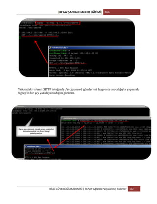 [BEYAZ	
  ŞAPKALI	
  HACKER	
  EĞİTİMİ]	
   BGA	
  
	
  
BİLGİ	
  GÜVENLİĞİ	
  AKADEMİSİ	
  |	
  TCP/IP	
  Ağlarda	
  Parçalanmış	
  Paketler	
   122	
  
	
  
Yukarıdaki	
  işlemi	
  (HTTP	
  isteğinde	
  /etc/passwd	
  gönderimi	
  fragroute	
  aracılığıyla	
  yaparsak	
  
Ngrep’in	
  bir	
  şey	
  yakalayamadığını	
  görürüz.	
  
 