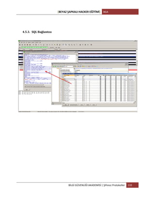 [BEYAZ	
  ŞAPKALI	
  HACKER	
  EĞİTİMİ]	
   BGA	
  
	
  
BİLGİ	
  GÜVENLİĞİ	
  AKADEMİSİ	
  |	
  Şifresiz	
  Protokoller	
   133	
  
	
  
4.5.3. SQL	
  Bağlantısı	
  
 