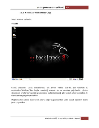 [BEYAZ	
  ŞAPKALI	
  HACKER	
  EĞİTİMİ]	
   BGA	
  
	
  
BİLGİ	
  GÜVENLİĞİ	
  AKADEMİSİ	
  |	
  Backtrack	
  Nedir?	
   15	
  
	
  
1.1.2. Grafik	
  Arabirimli	
  Moda	
  Geçiş	
  
	
  
Startx	
  komutu	
  kullanılır.	
  
#startx	
  
	
  
	
  
Grafik	
   arabirimi	
   Linux	
   ortamlarında	
   sık	
   tercih	
   edilen	
   KDE’dir.	
   Sol	
   taraftaki	
   K	
  
enüsünden(Windows’daki	
   başlat	
   menüsü)	
   sisteme	
   ait	
   ek	
   menüler	
   çağrılabilir.	
   İşletim	
  
sisteminin	
  ayarlarını	
  yapmak	
  için	
  menüler	
  kullanılabileceği	
  gibi	
  komut	
  satırı	
  üzerinden	
  de	
  
tüm	
  işlemler	
  gerçekleştirilebilir.	
  
Dağıtımın	
   kök	
   dizini	
   incelenecek	
   olursa	
   diğer	
   dağıtımlardan	
   farklı	
   olarak	
   /pentest	
   dizini	
  
göze	
  çarpacaktır.	
  
	
  
	
  
 
