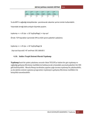 [BEYAZ	
  ŞAPKALI	
  HACKER	
  EĞİTİMİ]	
   BGA	
  
	
  
BİLGİ	
  GÜVENLİĞİ	
  AKADEMİSİ	
  |	
  Tcpdump	
   157	
  
	
  
Ya	
  da	
  BPF’in	
  sağladığı	
  kolaylıklardan	
  	
  yararlanarak	
  rakamlar	
  yerine	
  isimler	
  kullanılabilir.	
  
	
  
Yukarıdaki	
  örneği	
  daha	
  anlaşılır	
  biçimde	
  yazalım.	
  
	
  
	
  
tcpdump	
  -­‐n	
  -­‐r	
  sf1.lpc	
  -­‐c	
  10	
  'tcp[tcpflags]	
  ==	
  tcp-­‐syn'	
  
	
  
Örnek:	
  TCP	
  bayrakları	
  içerisinde	
  SYN	
  ve	
  ACK	
  içeren	
  paketleri	
  yakalama	
  
	
  
tcpdump	
  -­‐n	
  -­‐r	
  sf1.lpc	
  -­‐c	
  10	
  'tcp[tcpflags]	
  &	
  
	
  
	
  	
  (tcp-­‐syn|tcp-­‐ack)	
  !=0'	
  and	
  host	
  192.168.60.5	
  
4.10. Saldırı	
  Tespit	
  Sistemi	
  Olarak	
  Tcpdump	
  
Tcpdump	
  basit	
  bir	
  paket	
  yakalama	
  aracıdır	
  fakat	
  TCP/IP’ye	
  hakim	
  bir	
  göz	
  tcpdump	
  ve	
  
sağladığı	
  gelişmiş	
  filtreleme	
  özelliklerini	
  kullanararak	
  ortamdaki	
  anormal	
  paketleri	
  bir	
  IDS	
  
gibi	
  belirleyebilir.	
  	
  Mesela	
  Nmap	
  tarafından	
  yapılan	
  çoğu	
  tarama	
  tcpdump	
  ile	
  yakalanabilir,	
  
ya	
  da	
  işletim	
  sistemi	
  saptama	
  programları	
  tcpdump’ın	
  gelişmiş	
  filtreleme	
  özellikleri	
  ile	
  
kolaylıkla	
  tanımlanabilir.
 