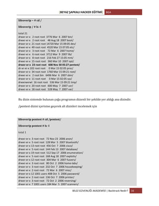 [BEYAZ	
  ŞAPKALI	
  HACKER	
  EĞİTİMİ]	
   BGA	
  
	
  
BİLGİ	
  GÜVENLİĞİ	
  AKADEMİSİ	
  |	
  Backtrack	
  Nedir?	
   16	
  
	
  
lifeoverip	
  ~	
  #	
  cd	
  /	
  
lifeoverip	
  /	
  #	
  ls	
  -­‐l	
  
total	
  21	
  
drwxr-­‐xr-­‐x	
  	
  	
  2	
  root	
  root	
  	
  3776	
  Mar	
  	
  6	
  	
  2007	
  bin/	
  
drwxr-­‐xr-­‐x	
  	
  	
  2	
  root	
  root	
  	
  	
  	
  48	
  Aug	
  18	
  	
  2007	
  boot/	
  
drwxr-­‐xr-­‐x	
  	
  21	
  root	
  root	
  14720	
  Mar	
  15	
  09:05	
  dev/	
  
drwxr-­‐xr-­‐x	
  	
  49	
  root	
  root	
  	
  4520	
  Mar	
  15	
  07:05	
  etc/	
  
drwxr-­‐xr-­‐x	
  	
  	
  3	
  root	
  root	
  	
  	
  	
  72	
  Mar	
  	
  6	
  	
  2007	
  home/	
  
drwxr-­‐xr-­‐x	
  	
  	
  6	
  root	
  root	
  	
  3712	
  Mar	
  	
  9	
  	
  2007	
  lib/	
  
drwxr-­‐xr-­‐x	
  	
  	
  8	
  root	
  root	
  	
  	
  216	
  Feb	
  27	
  15:05	
  mnt/	
  
drwxr-­‐xr-­‐x	
  	
  15	
  root	
  root	
  	
  	
  360	
  Mar	
  10	
  	
  2007	
  opt/	
  
drwxr-­‐xr-­‐x	
  	
  23	
  root	
  root	
  	
  	
  608	
  Nov	
  30	
  05:27	
  pentest/	
  
dr-­‐xr-­‐xr-­‐x	
  102	
  root	
  root	
  	
  	
  	
  	
  0	
  Mar	
  15	
  02:05	
  proc/	
  
drwxr-­‐xr-­‐x	
  	
  34	
  root	
  root	
  	
  1760	
  Mar	
  15	
  09:21	
  root/	
  
drwxr-­‐xr-­‐x	
  	
  	
  2	
  root	
  bin	
  	
  	
  6496	
  Mar	
  	
  6	
  	
  2007	
  sbin/	
  
drwxr-­‐xr-­‐x	
  	
  11	
  root	
  root	
  	
  	
  	
  	
  0	
  Mar	
  15	
  02:05	
  sys/	
  
drwxrwxrwt	
  	
  16	
  root	
  root	
  	
  	
  536	
  Mar	
  15	
  09:21	
  tmp/	
  
drwxr-­‐xr-­‐x	
  	
  20	
  root	
  root	
  	
  	
  600	
  May	
  	
  7	
  	
  2007	
  usr/	
  
drwxr-­‐xr-­‐x	
  	
  18	
  root	
  root	
  	
  	
  528	
  May	
  	
  7	
  	
  2007	
  var/	
  
	
  
Bu	
  dizin	
  sistemde	
  bulunan	
  çoğu	
  programın	
  düzenli	
  bir	
  şekilde	
  yer	
  aldığı	
  ana	
  dizindir.	
  
/pentest	
  dizini	
  içerisine	
  geçerek	
  alt	
  dizinleri	
  incelemek	
  için	
  	
  
	
  
lifeoverip	
  pentest	
  #	
  cd	
  /pentest/	
  
lifeoverip	
  pentest	
  #	
  ls	
  -­‐l	
  
total	
  1	
  
drwxr-­‐xr-­‐x	
  	
  3	
  root	
  root	
  	
  	
  72	
  Nov	
  23	
  	
  2006	
  anon/	
  
drwxr-­‐xr-­‐x	
  	
  5	
  root	
  root	
  	
  128	
  Mar	
  	
  5	
  	
  2007	
  bluetooth/	
  
drwxr-­‐xr-­‐x	
  13	
  root	
  root	
  	
  456	
  Oct	
  	
  7	
  	
  2006	
  cisco/	
  
drwxr-­‐xr-­‐x	
  	
  5	
  root	
  root	
  	
  144	
  Feb	
  13	
  	
  2007	
  database/	
  
drwxr-­‐xr-­‐x	
  19	
  root	
  root	
  	
  512	
  Sep	
  17	
  	
  2006	
  enumeration/	
  
drwxr-­‐xr-­‐x	
  	
  5	
  root	
  root	
  	
  168	
  Aug	
  18	
  	
  2007	
  exploits/	
  
drwxr-­‐xr-­‐x	
  12	
  root	
  root	
  	
  304	
  Mar	
  	
  6	
  	
  2007	
  fuzzers/	
  
drwxr-­‐xr-­‐x	
  	
  3	
  root	
  root	
  	
  	
  80	
  Oct	
  	
  2	
  	
  2006	
  home-­‐labs/	
  
drwxr-­‐xr-­‐x	
  	
  3	
  root	
  root	
  	
  232	
  Oct	
  	
  7	
  	
  2006	
  housekeeping/	
  
drwxr-­‐xr-­‐x	
  	
  2	
  root	
  root	
  	
  	
  72	
  Mar	
  	
  6	
  	
  2007	
  misc/	
  
drwxr-­‐xr-­‐x	
  12	
  1001	
  users	
  408	
  Oct	
  	
  5	
  	
  2006	
  password/	
  
drwxr-­‐xr-­‐x	
  	
  2	
  root	
  root	
  	
  136	
  Oct	
  	
  7	
  	
  2006	
  printer/	
  
drwxr-­‐xr-­‐x	
  	
  3	
  root	
  root	
  	
  	
  72	
  Oct	
  	
  2	
  	
  2006	
  reversing/	
  
drwxr-­‐xr-­‐x	
  	
  7	
  1001	
  users	
  184	
  Mar	
  	
  5	
  	
  2007	
  scanners/	
  
 